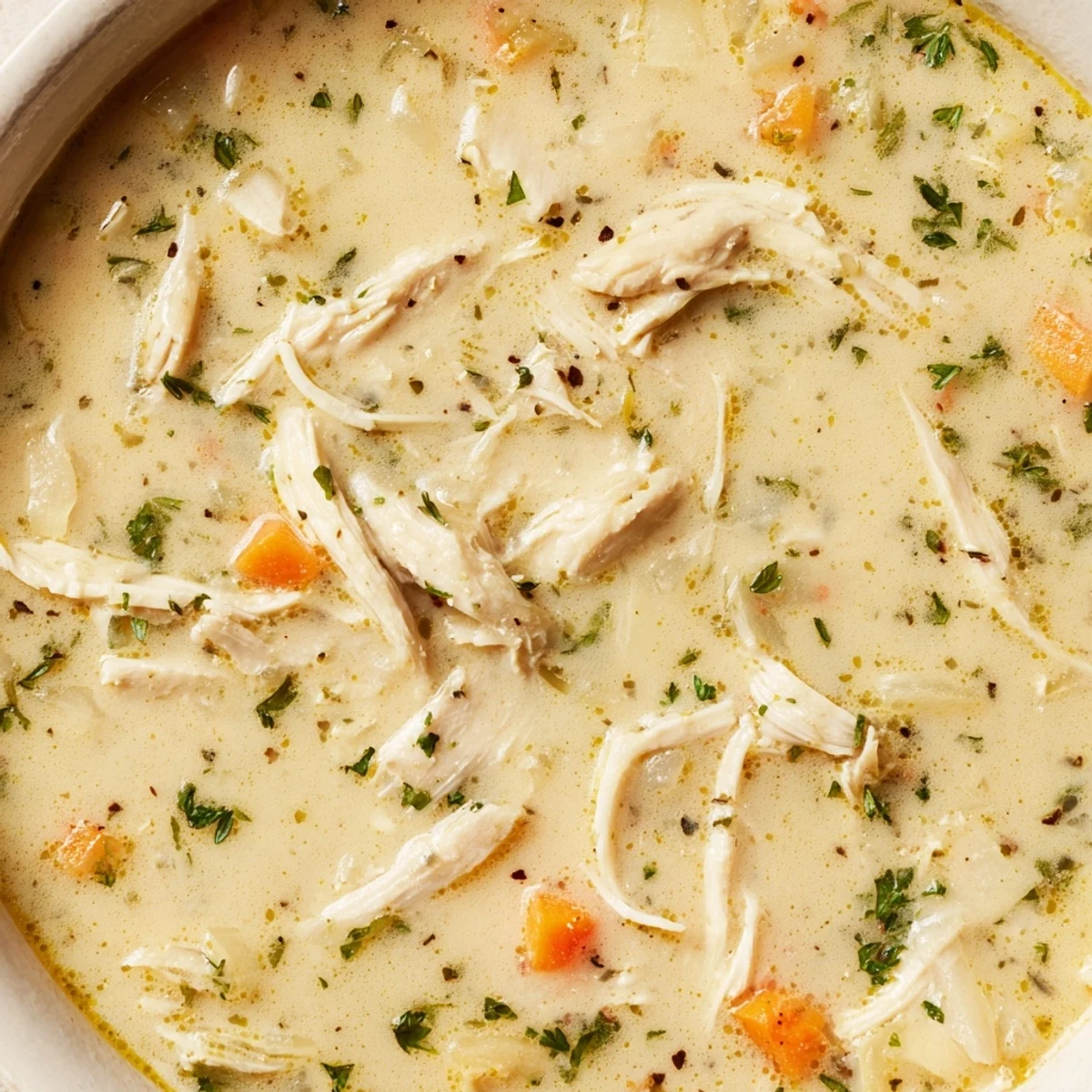 Homemade cream of chicken soup simmering in pot with tender vegetables and shredded chicken pieces
