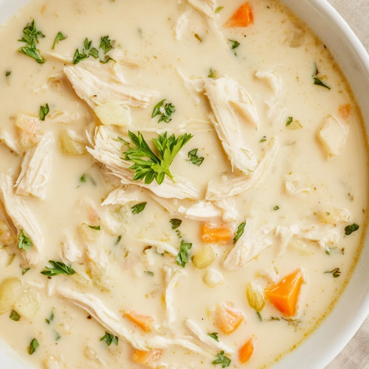 Cream of chicken soup in white bowl with shredded chicken, diced carrots, and fresh parsley garnish