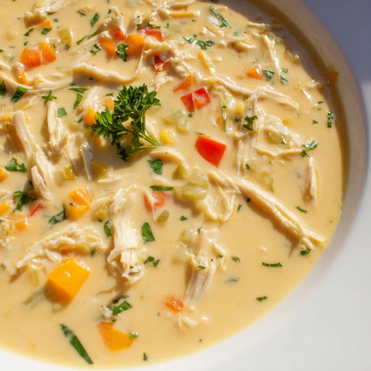 Velvety cream of chicken soup served with crusty bread, garnished with chopped fresh parsley