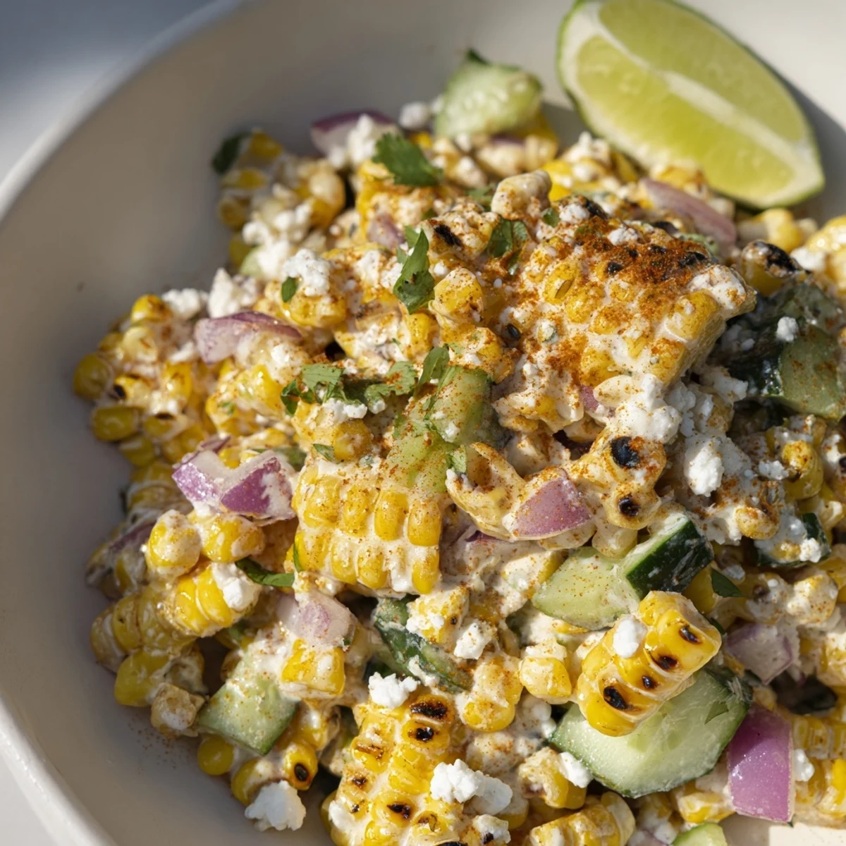 Fresh street corn creamy cucumber salad featuring charred corn kernels tossed with crisp diced cucumbers in a zesty lime mayonnaise dressing and topped with crumbled cotija cheese.