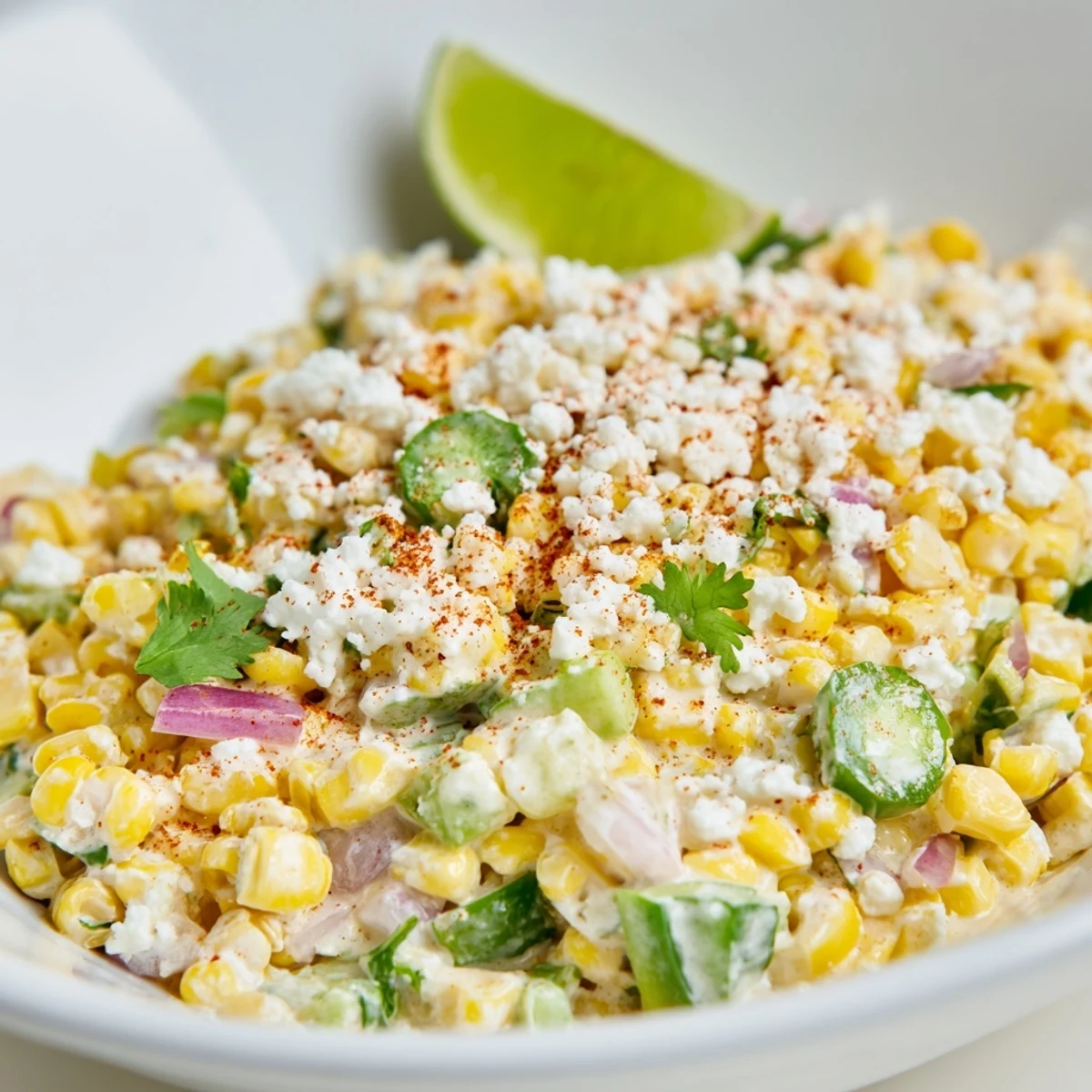 Colorful bowl of street corn creamy cucumber salad garnished with cilantro, jalapeño, and chili powder, showcasing the perfect blend of sweet corn and refreshing crunchy vegetables.