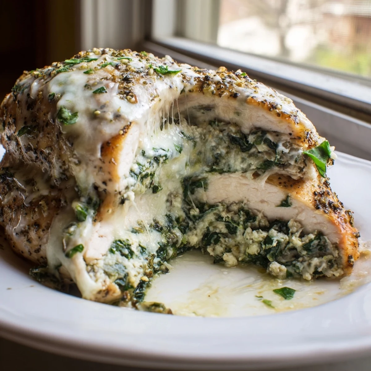 Golden brown baked ricotta chicken breasts stuffed with creamy spinach and herb filling on a white plate