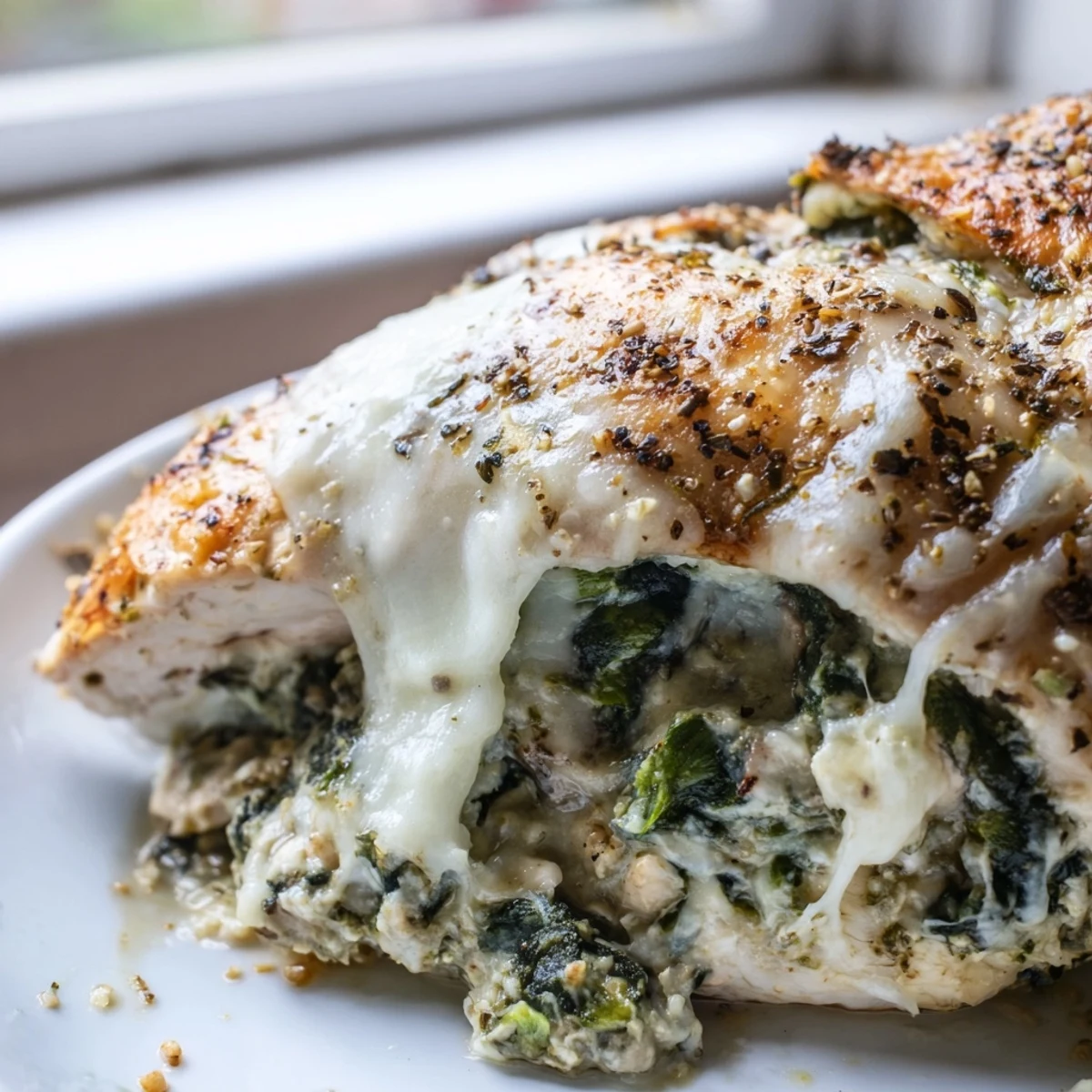 Juicy stuffed chicken breasts with melted mozzarella topping served alongside fresh roasted vegetables for dinner