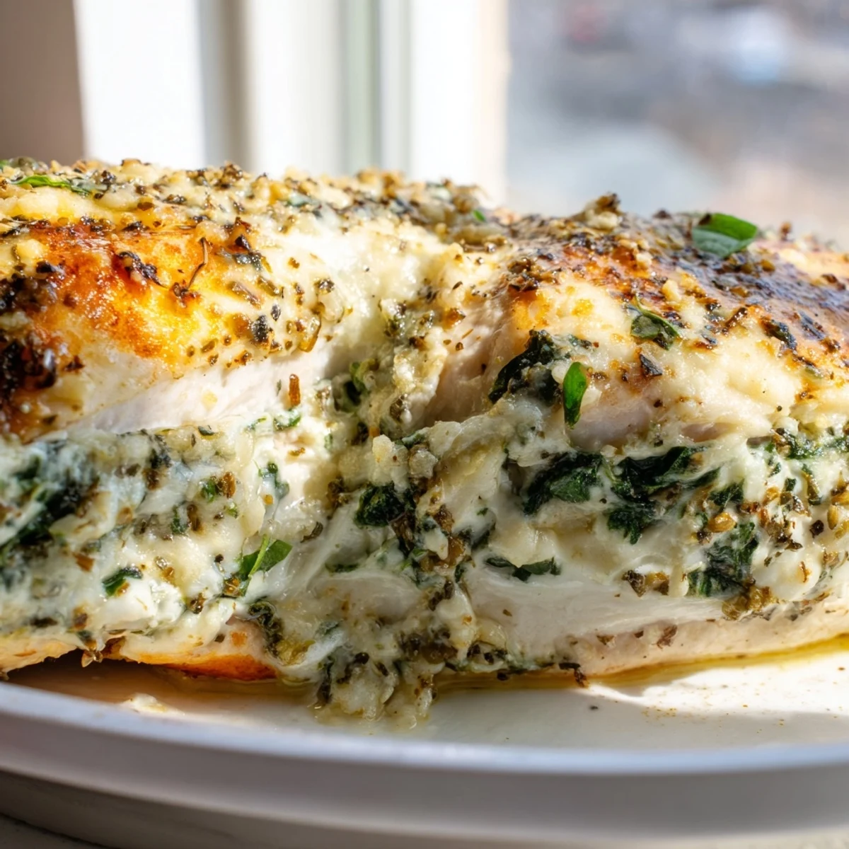 Four tender baked ricotta chicken portions with golden cheese crust arranged on a rustic wooden board