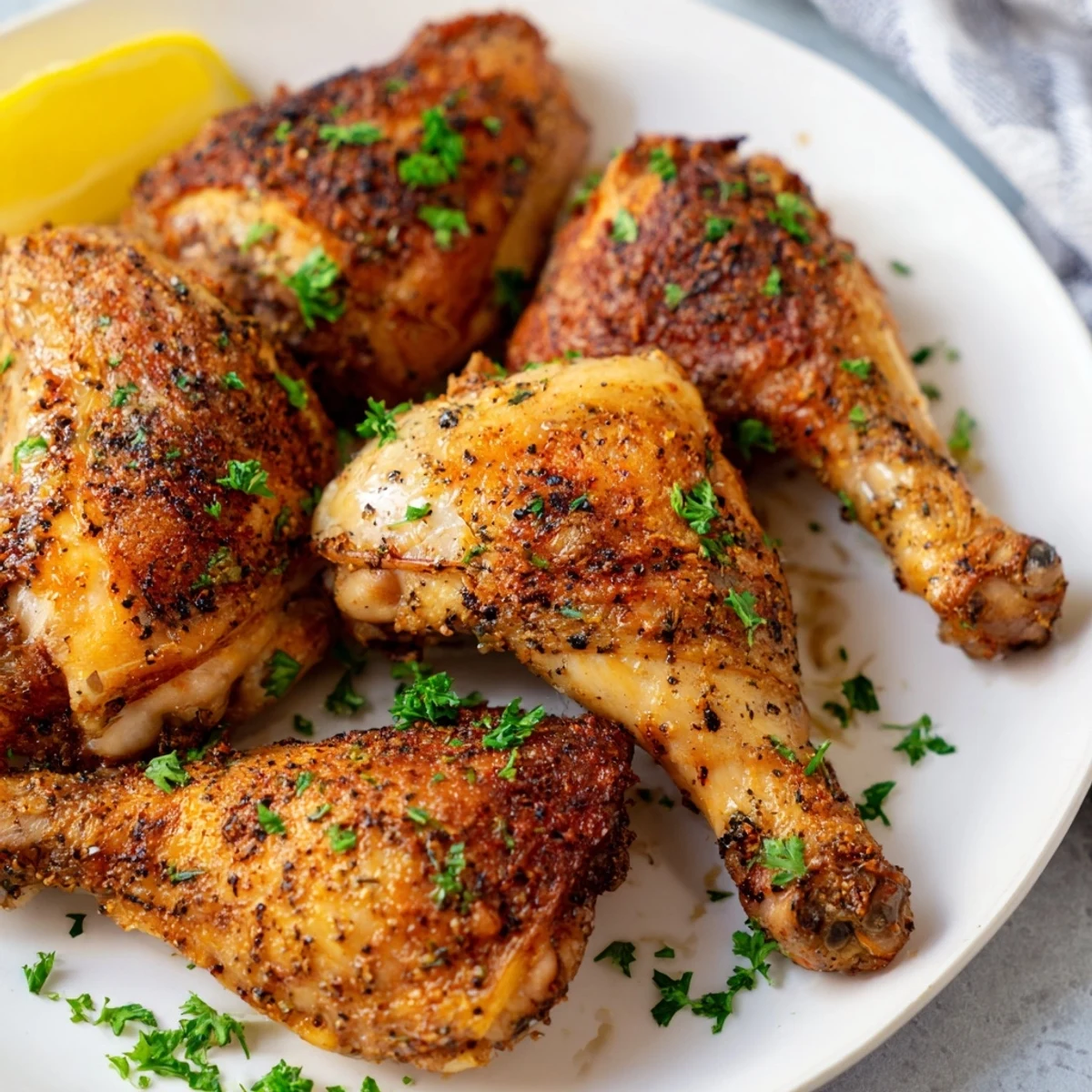Golden brown buttermilk roasted chicken pieces arranged on a wire rack with fresh herbs