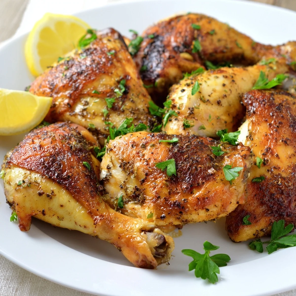 Perfectly cooked buttermilk roasted chicken plated with lemon wedges and parsley garnish