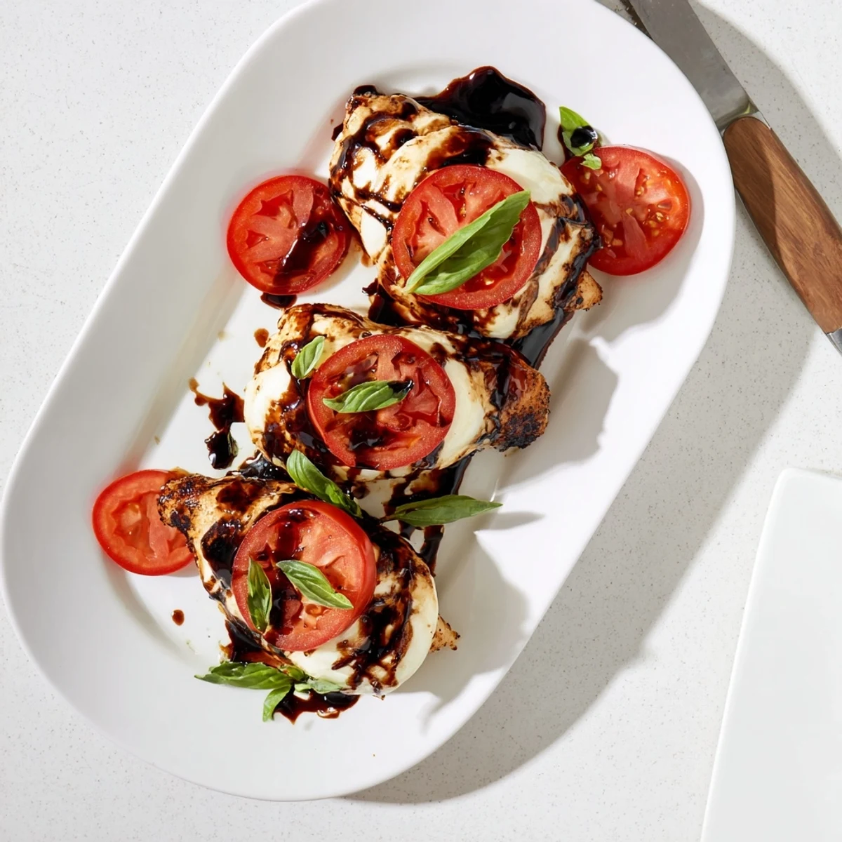 Golden brown balsamic baked chicken breast topped with bubbly melted mozzarella cheese and fresh basil leaves