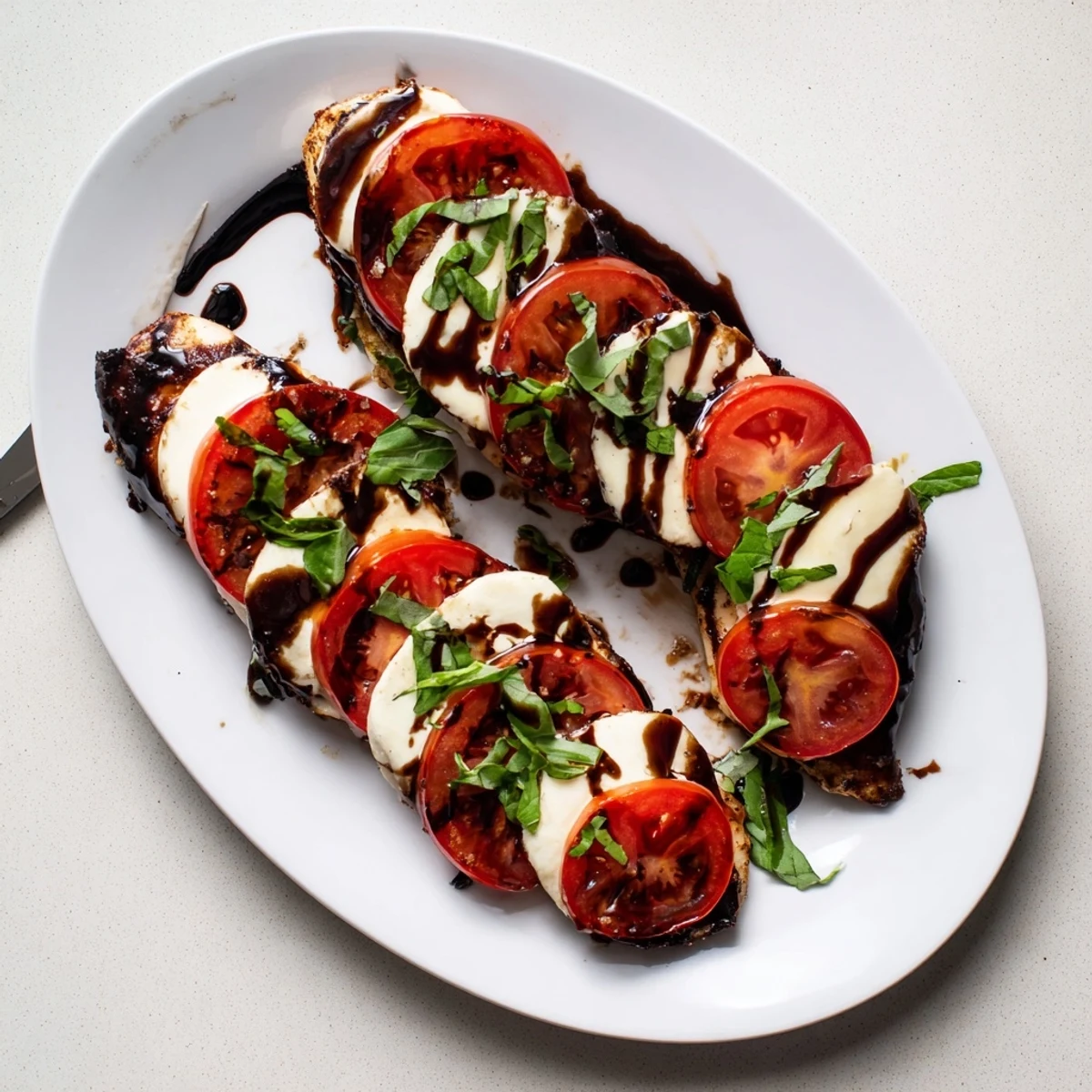 Savory balsamic baked chicken breast with melted mozzarella garnished with fresh basil on a white baking dish