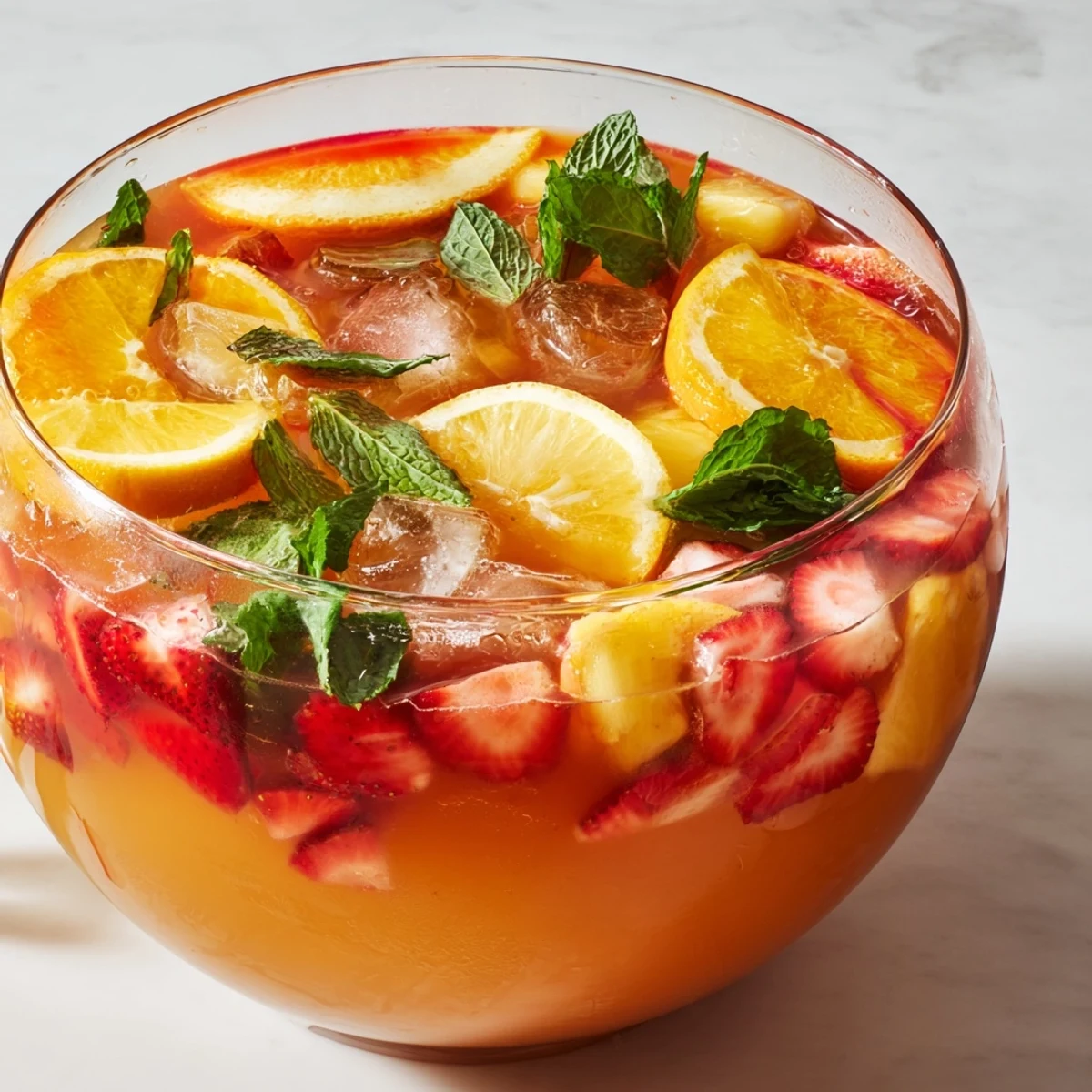 Festive Easter Punch bowl filled with colorful fruit slices and fresh mint floating in chilled juice