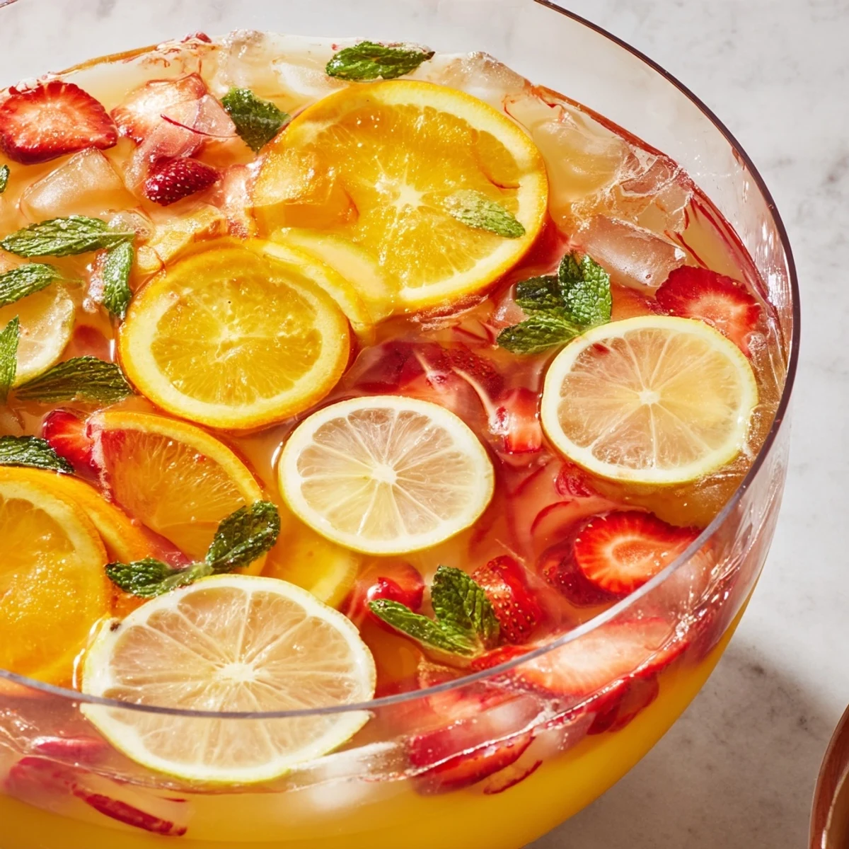 Refreshing non-alcoholic Easter Punch garnished with strawberries, orange rounds, and green mint leaves in glass pitcher