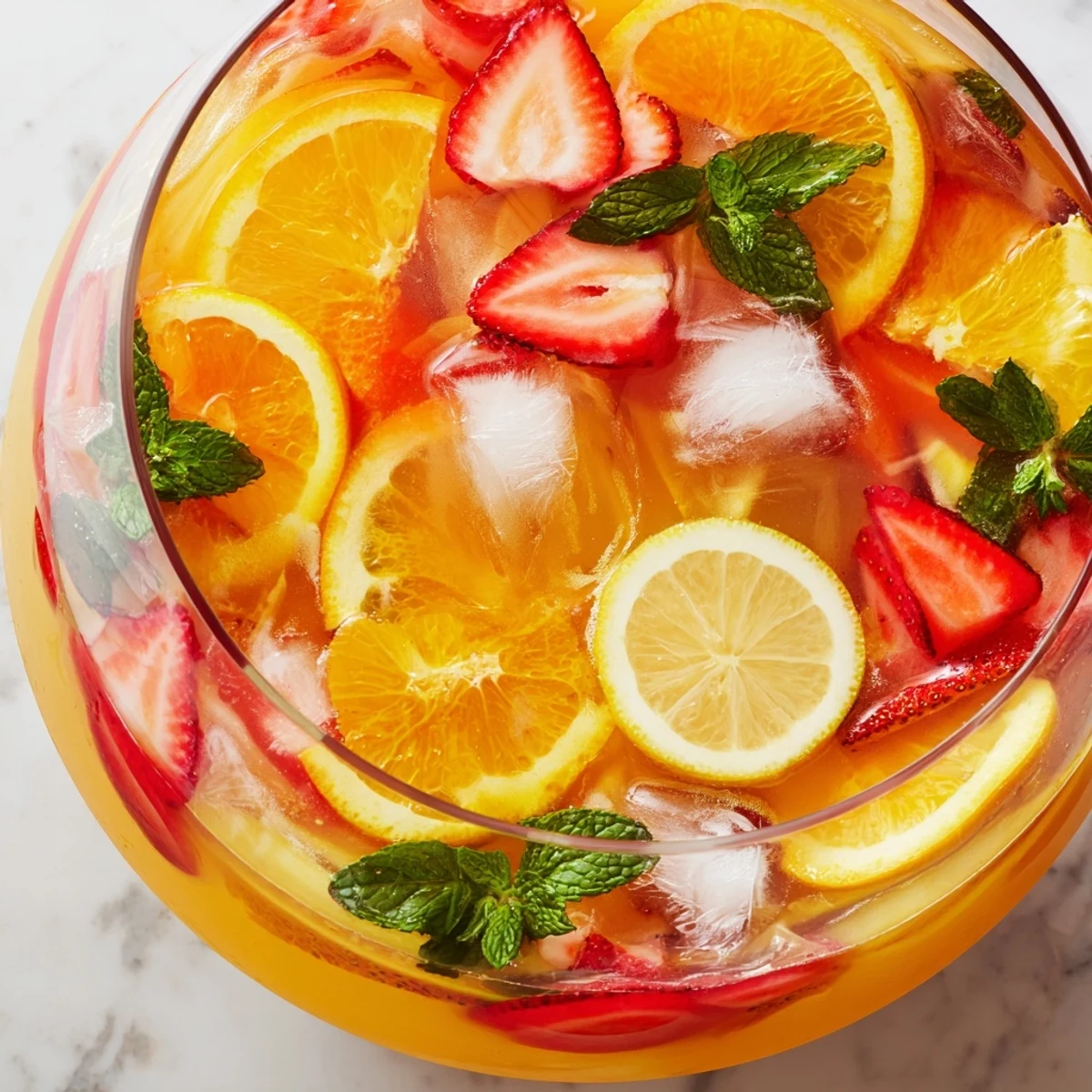 Spring Easter Punch displaying vibrant layers of cranberry and pineapple juices with floating citrus garnishes