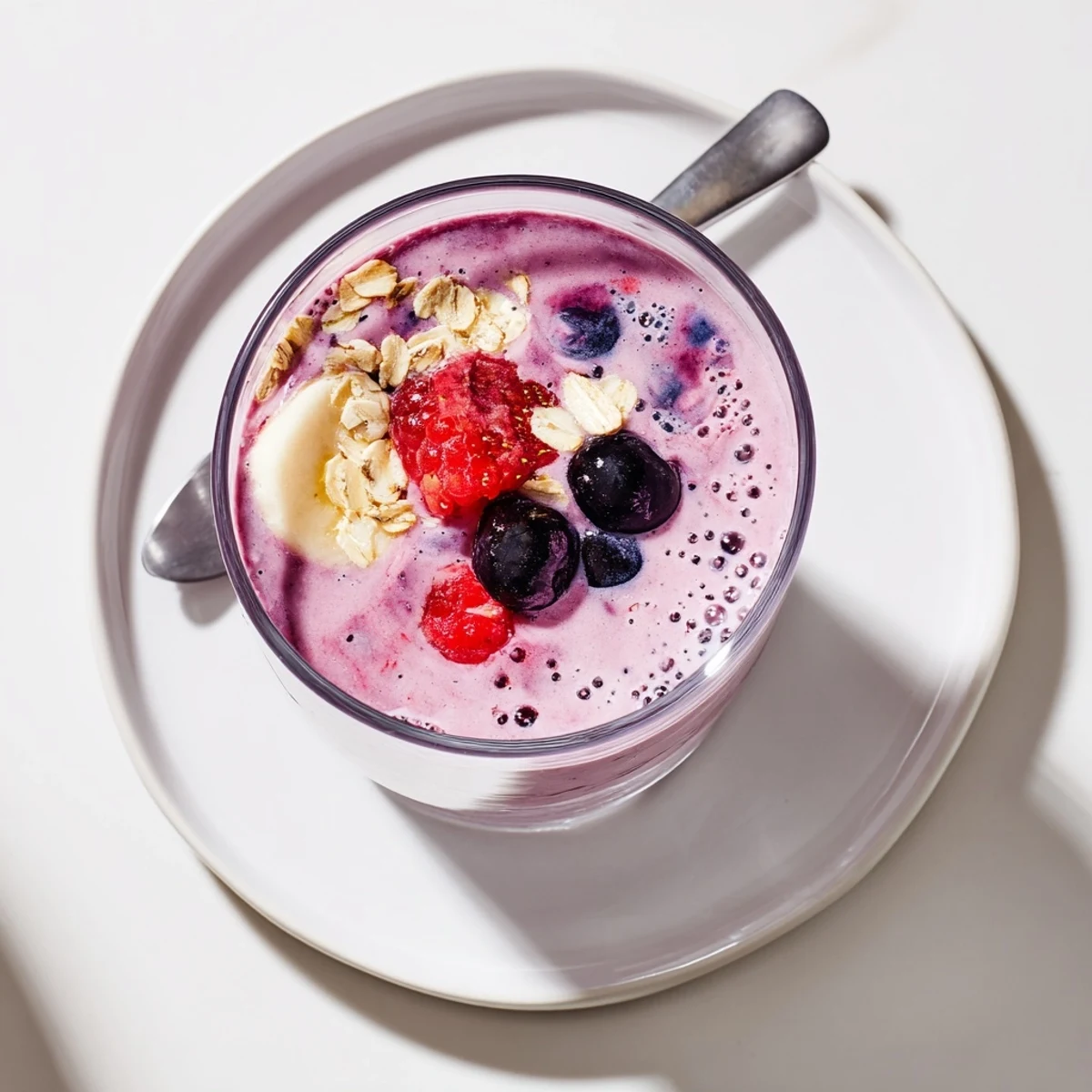 Creamy Greek yogurt breakfast smoothie blended with mixed berries and banana in a tall glass