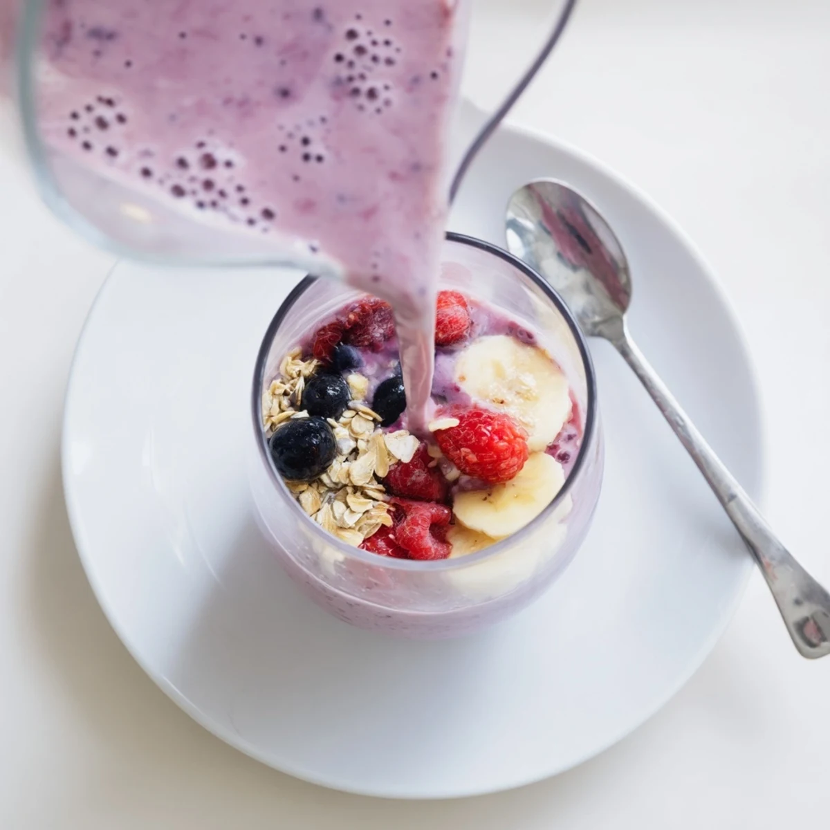 Thick purple Greek yogurt breakfast smoothie topped with fresh strawberries and chia seed garnish