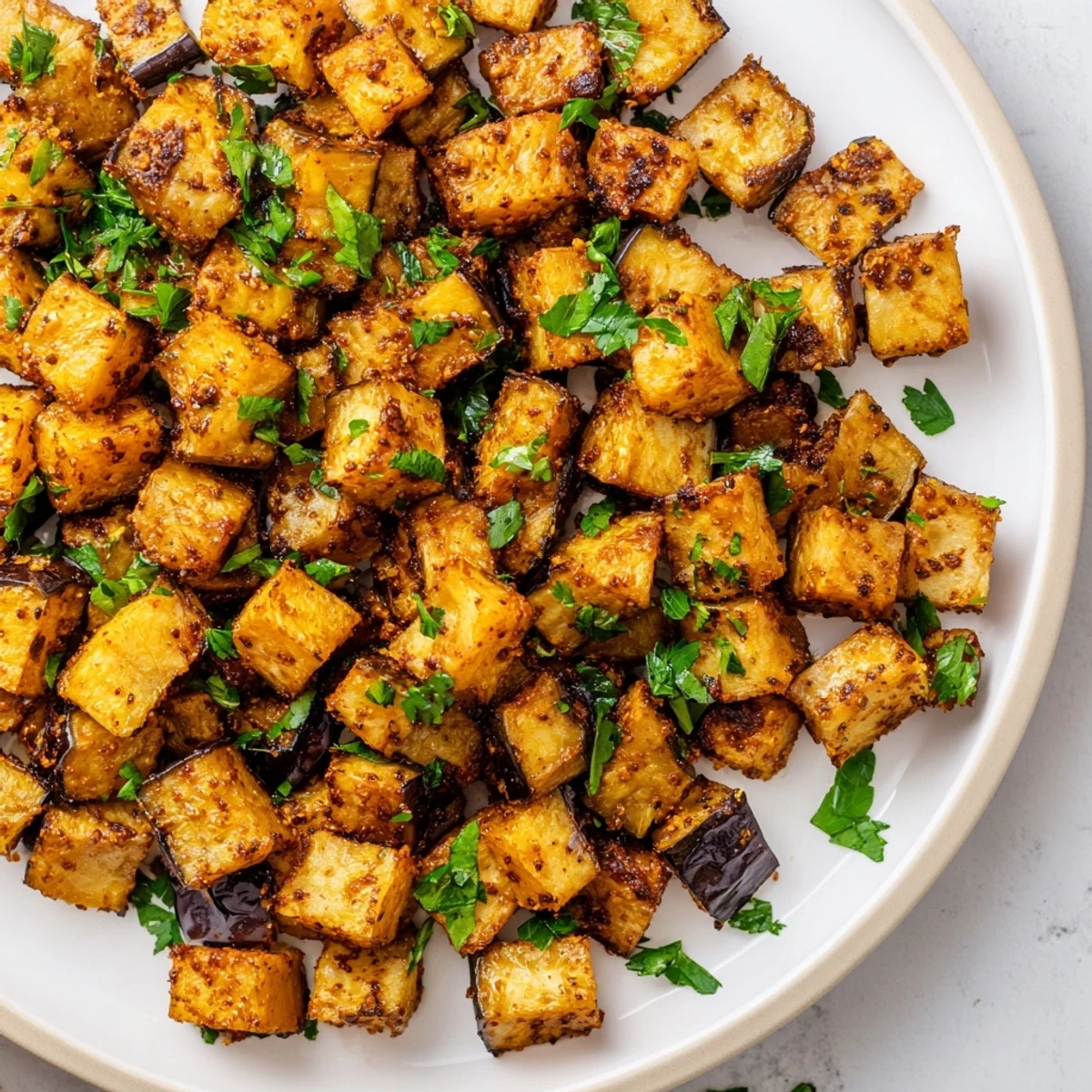 Mediterranean style air fryer eggplant sprinkled with fresh parsley and served as a healthy appetizer