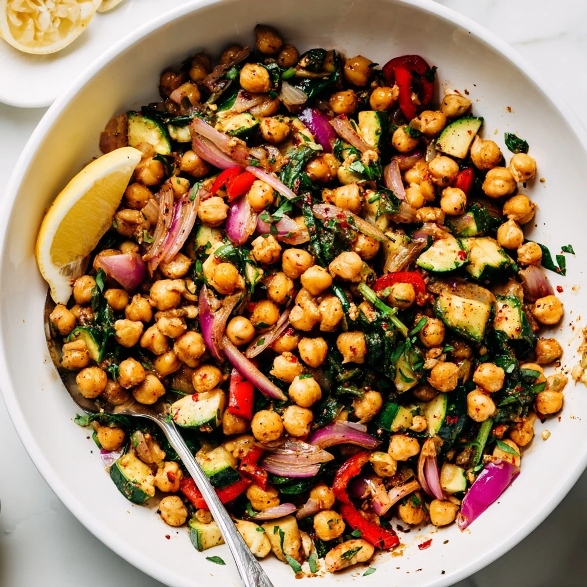 Golden chickpea lemon skillet with colorful vegetables and fresh parsley garnish in a cast iron pan