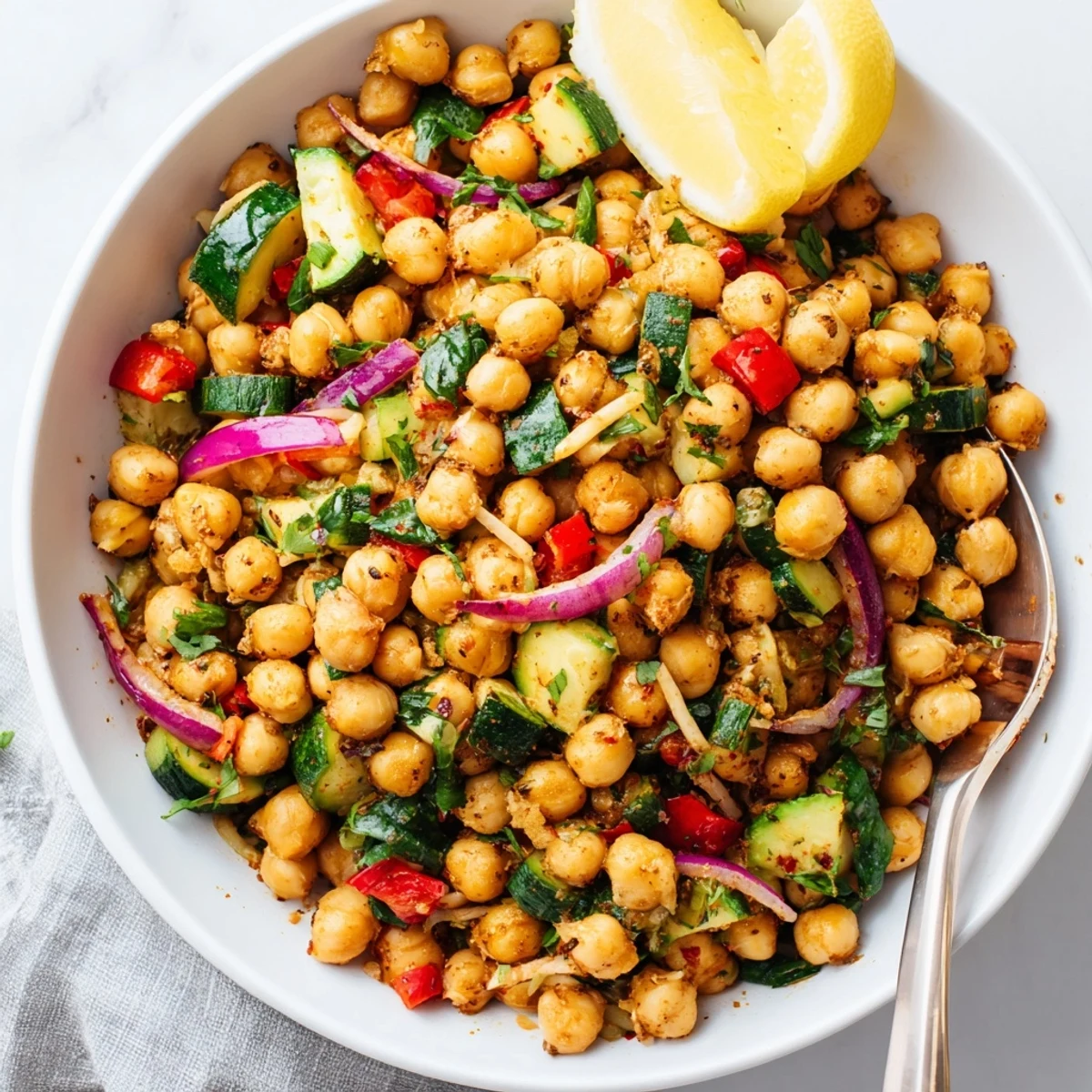 One-pot Mediterranean chickpea lemon skillet featuring vibrant red peppers zucchini and wilted spinach