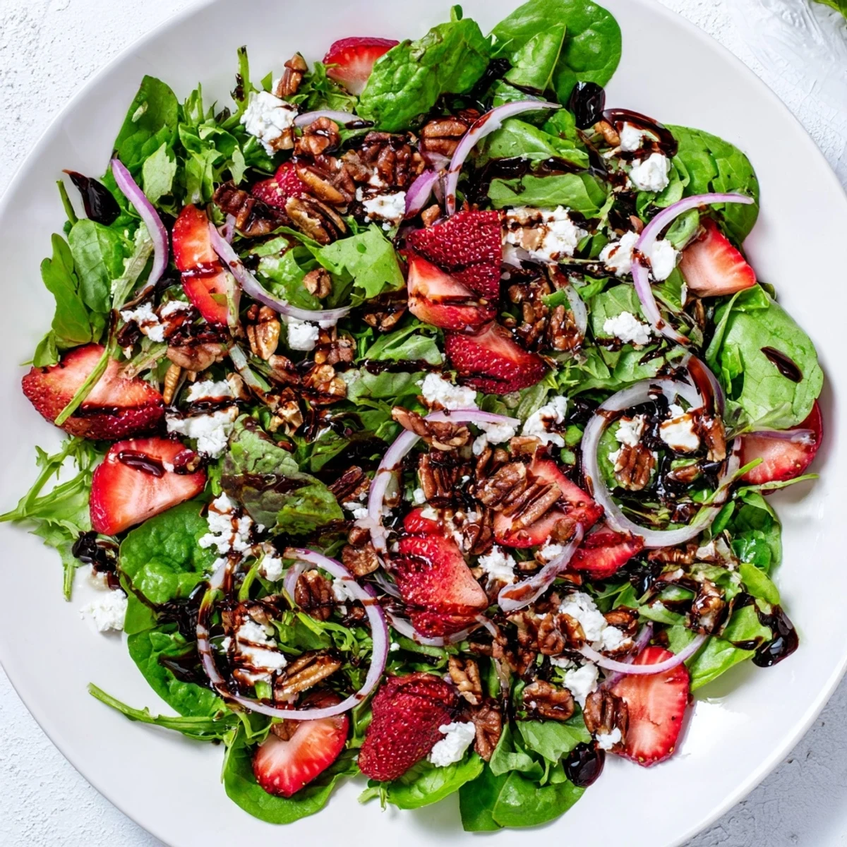 Vibrant Strawberry Fields Salad bowl featuring crisp greens, juicy red strawberries, red onion, and crumbled goat cheese topping