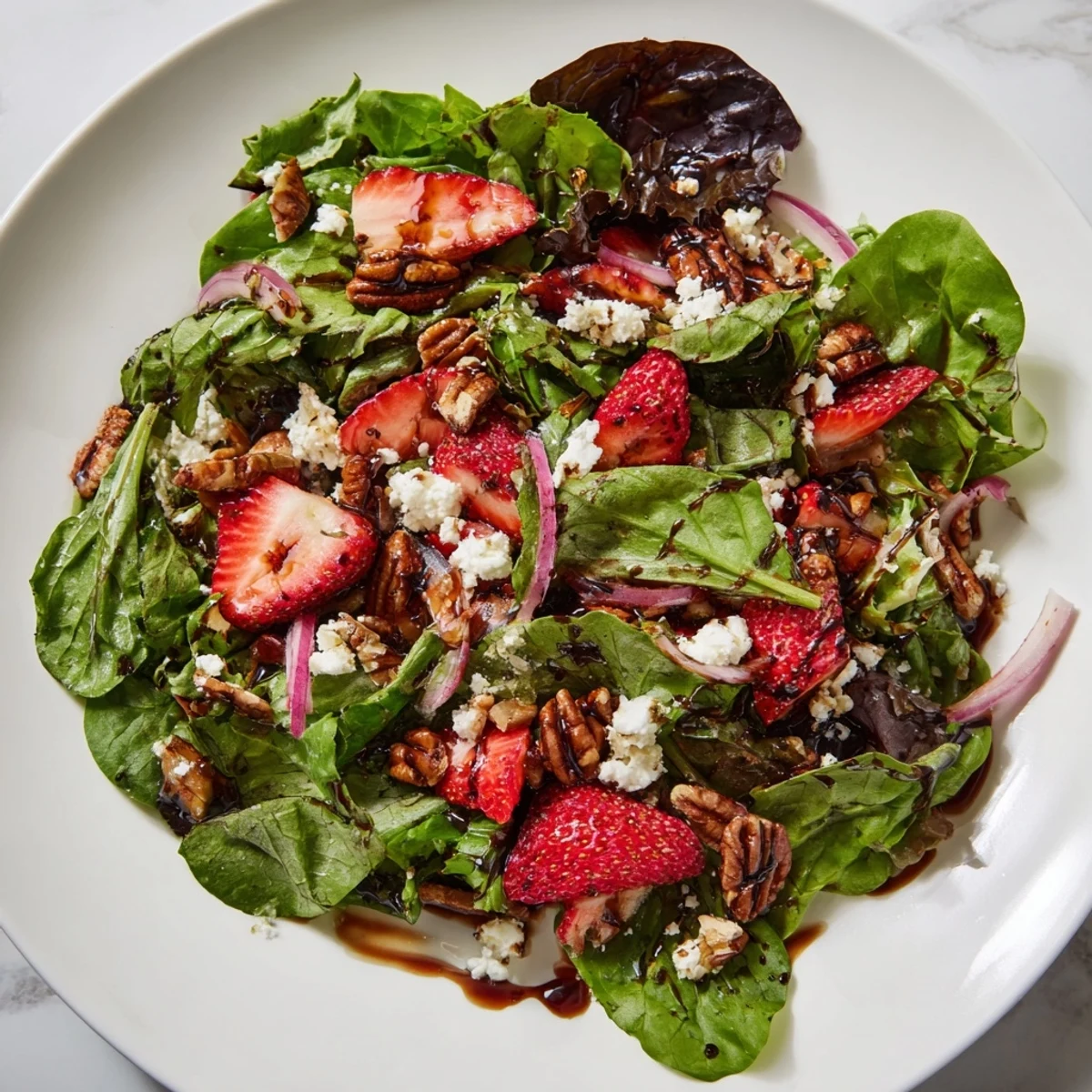 Fresh Strawberry Fields Salad with sweet sliced strawberries, creamy goat cheese, and toasted pecans on mixed greens