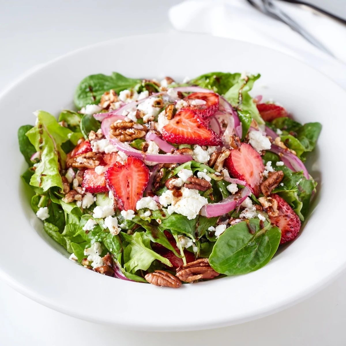 Colorful Strawberry Fields Salad drizzled with balsamic honey dressing, showcasing fresh strawberries, nuts, and basil on greens