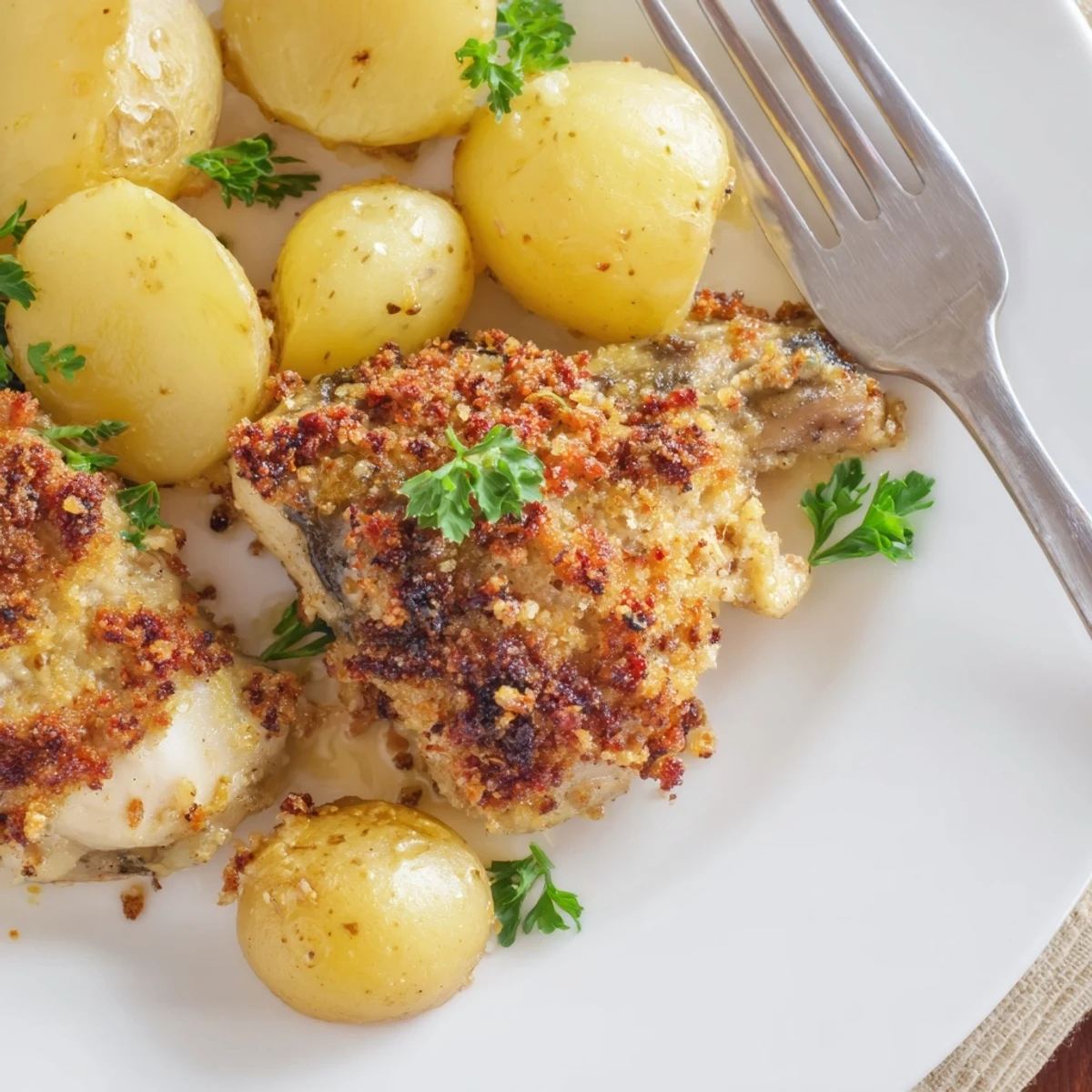 Golden roasted chicken breasts and baby potatoes coated in savory garlic Parmesan cheese