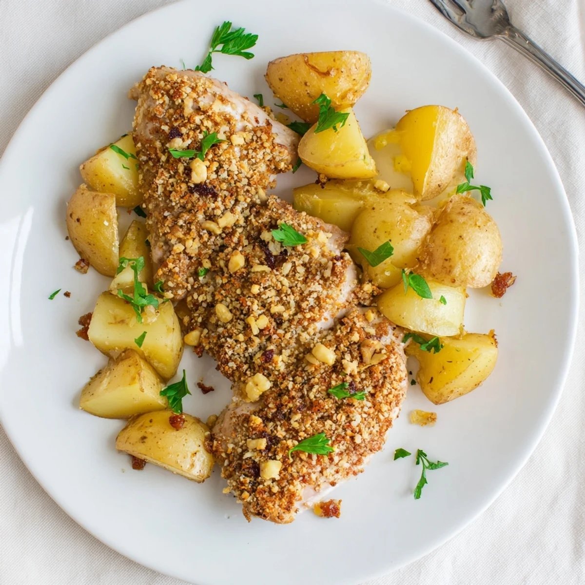 Crispy oven baked garlic parmesan chicken with tender quartered potatoes on a baking sheet