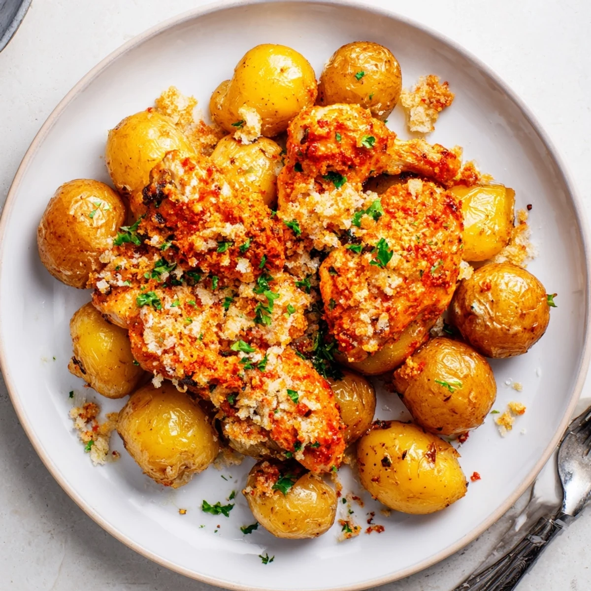 Hearty one pan meal featuring juicy chicken and golden potatoes with melted Parmesan topping