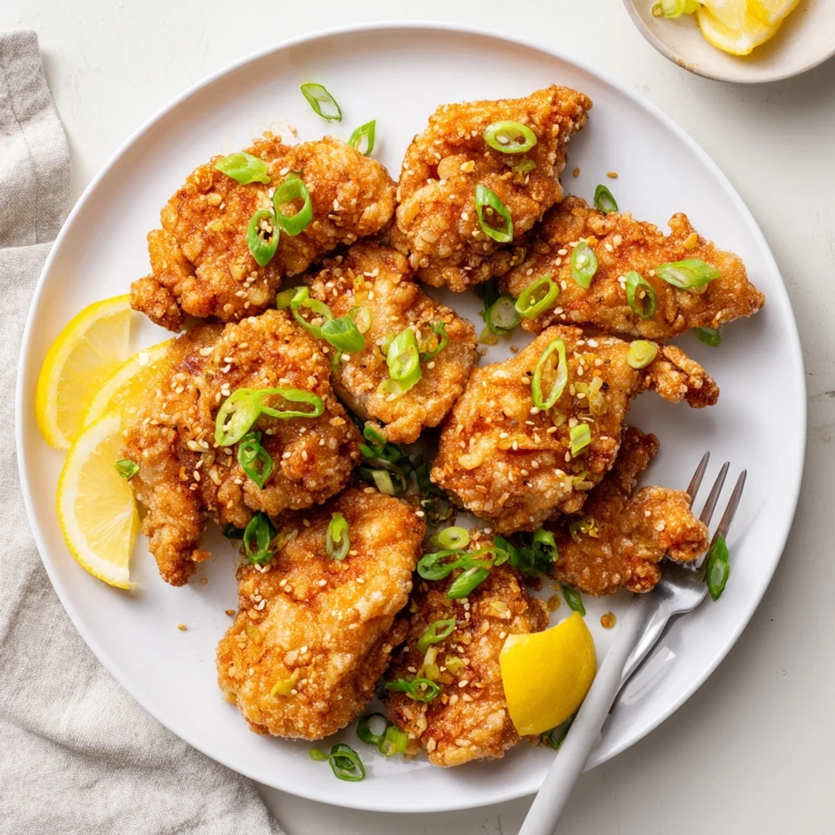 Crispy fried chicken thighs coated in sweet rice flour batter, freshly cooked and steaming