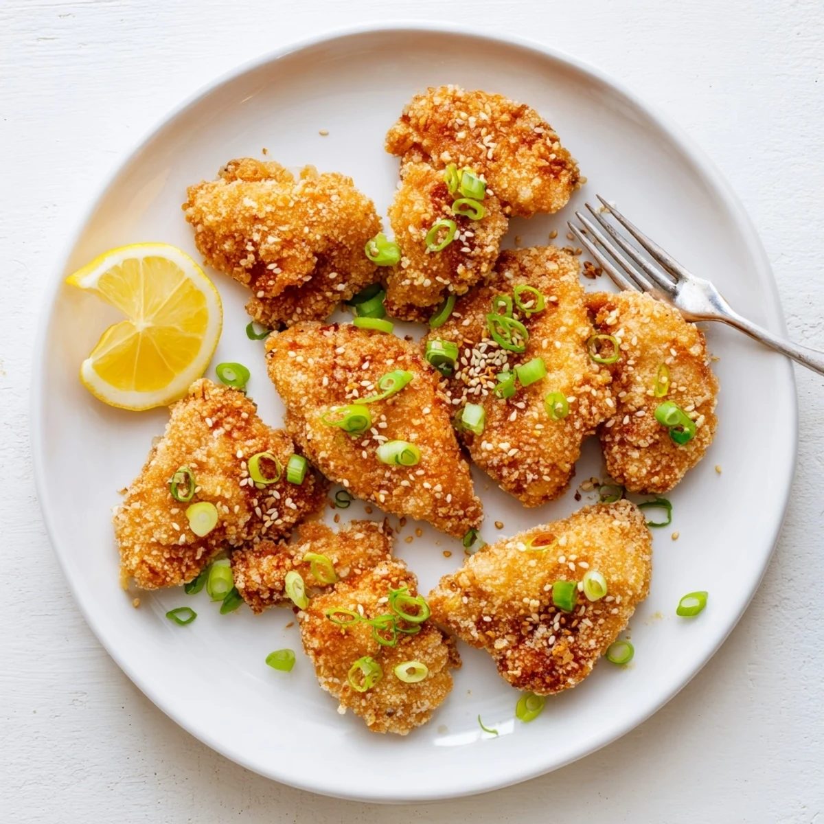 Plate of juicy Mochiko Chicken with sesame seeds and green onion sprinkled on top