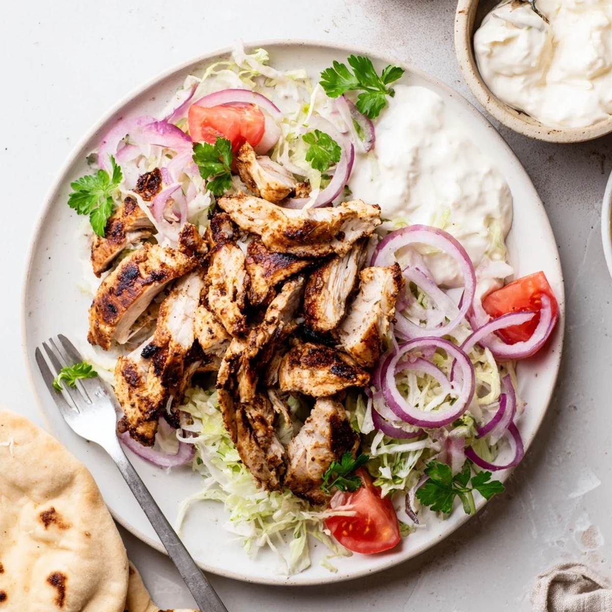 Golden spiced chicken shawarma slices arranged with fresh vegetables and creamy garlic dipping sauce