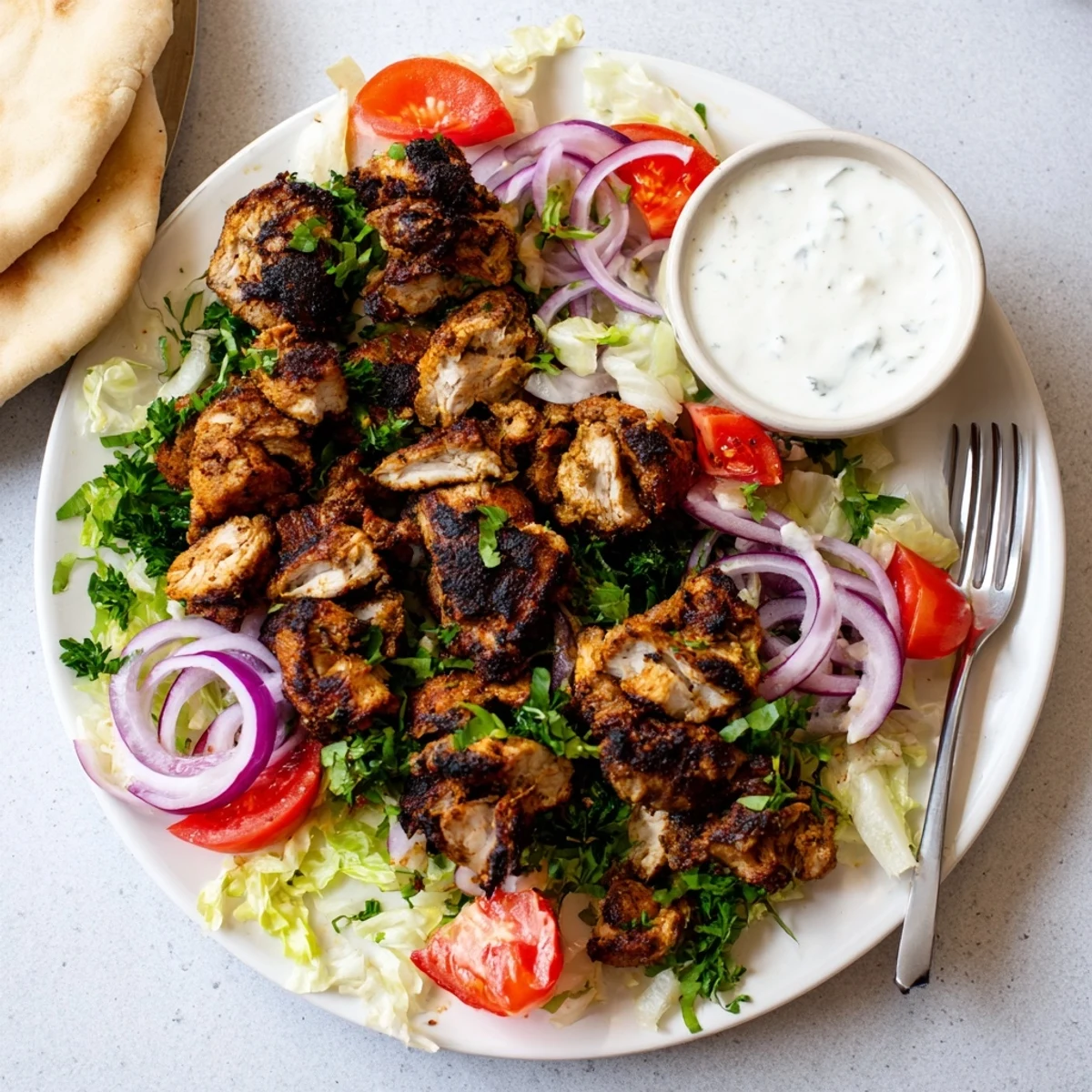 Sliced chicken shawarma with aromatic Middle Eastern spices served alongside thick white garlic toum sauce