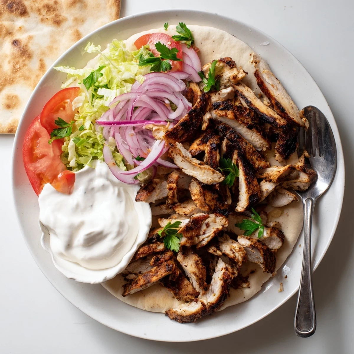 Tender marinated chicken shawarma piled in warm pita with lettuce tomato and zesty garlic sauce