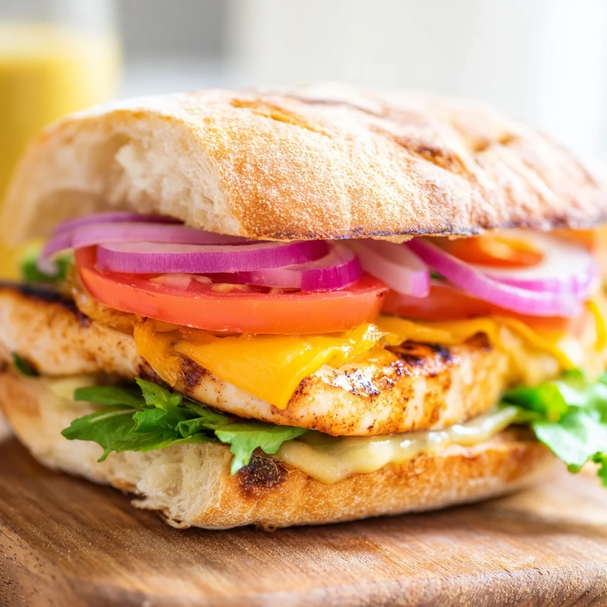Juicy grilled chicken sandwich stacked with fresh lettuce, tomato, and melted cheddar on a toasted bun