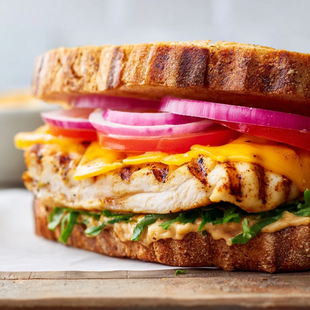 Golden brown grilled chicken breast layered with crisp vegetables and creamy mayo spread on soft ciabatta
