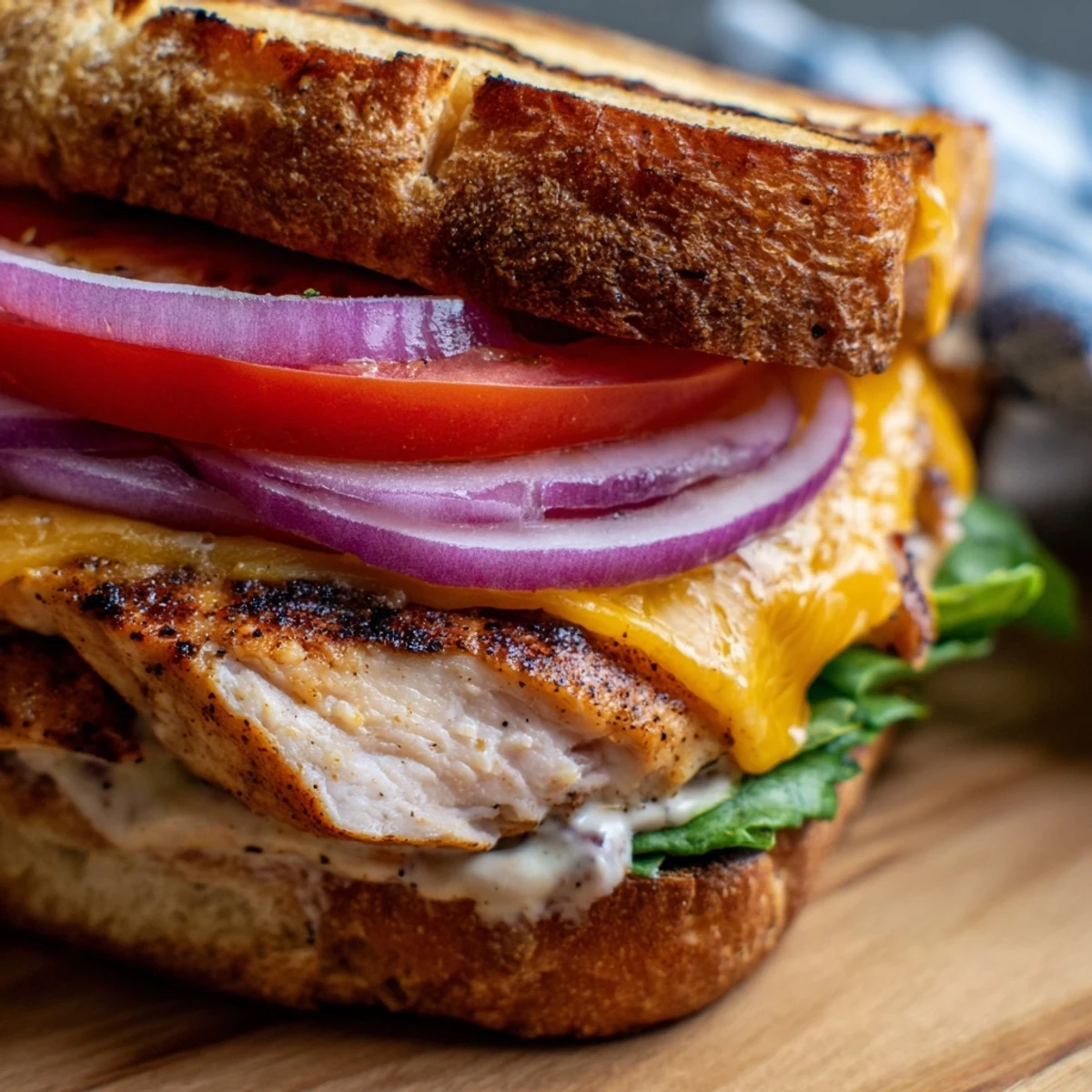 Delicious grilled chicken sandwich featuring spicy seasoned chicken, red onion, and zesty mustard sauce on artisan bread