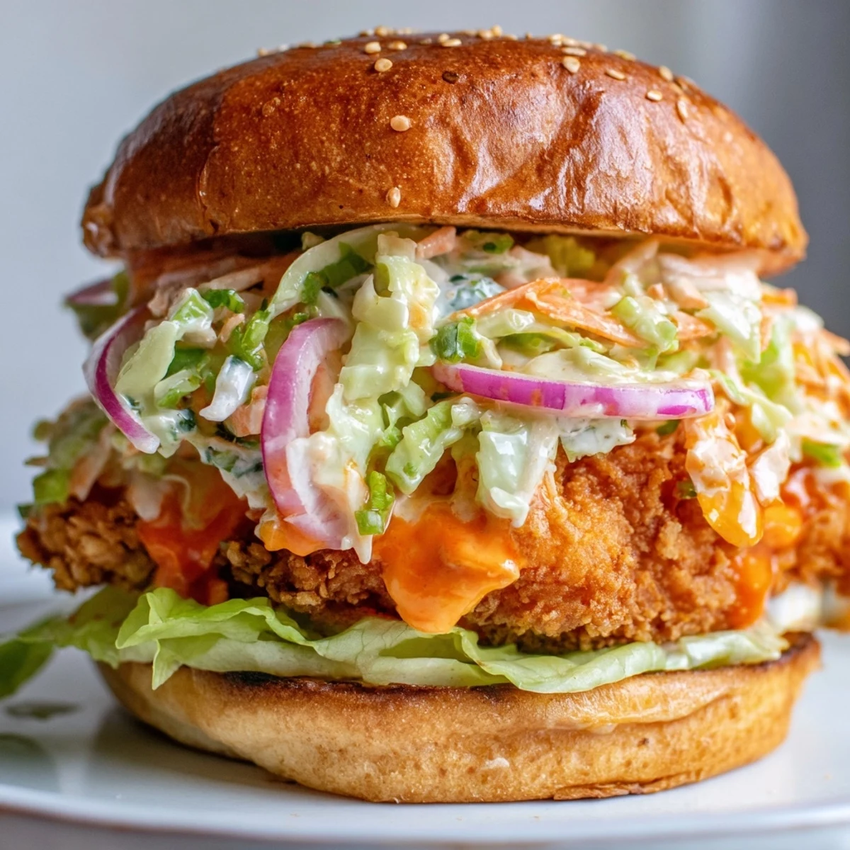 Golden crispy buffalo chicken sandwich topped with cool ranch slaw on toasted brioche bun