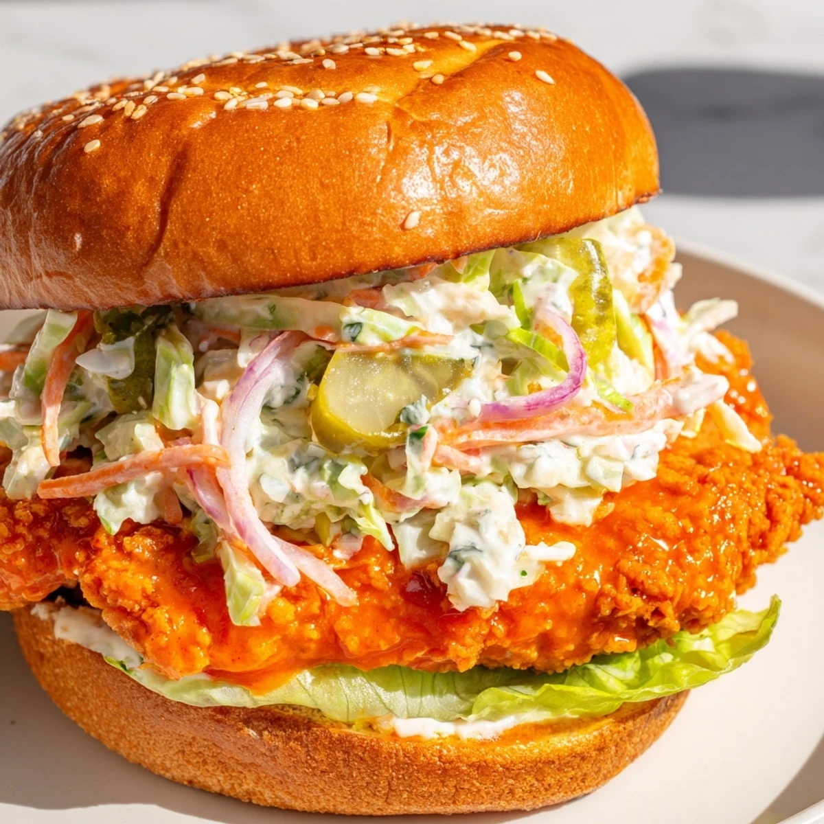 Spicy buffalo chicken breast fillet layered with creamy cabbage slaw inside soft sandwich bun