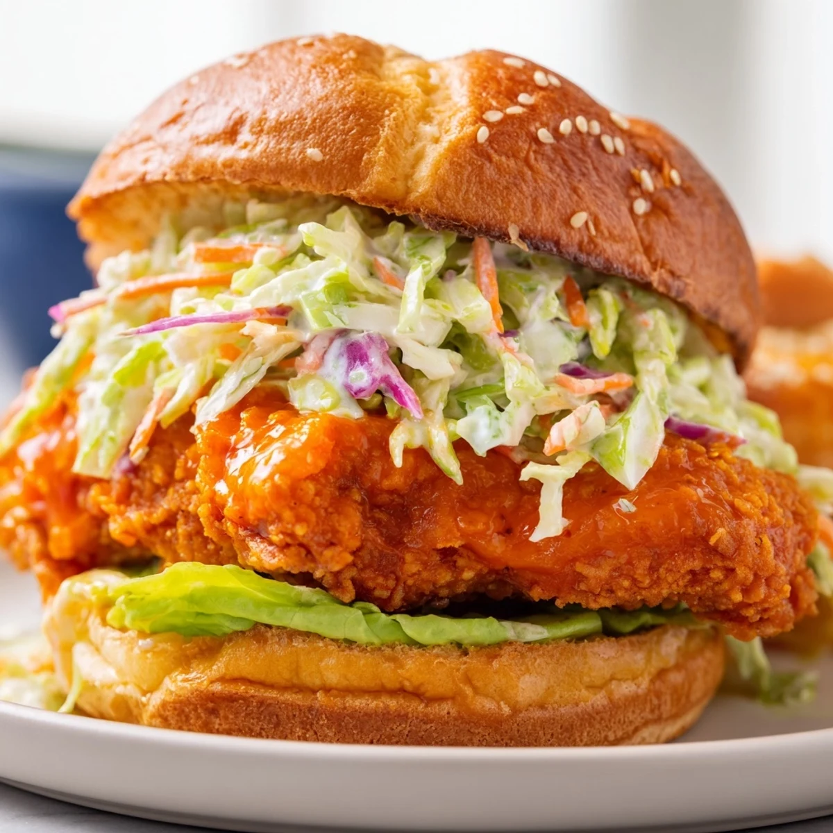 Crispy fried chicken coated in buffalo sauce with crunchy ranch coleslaw on brioche roll