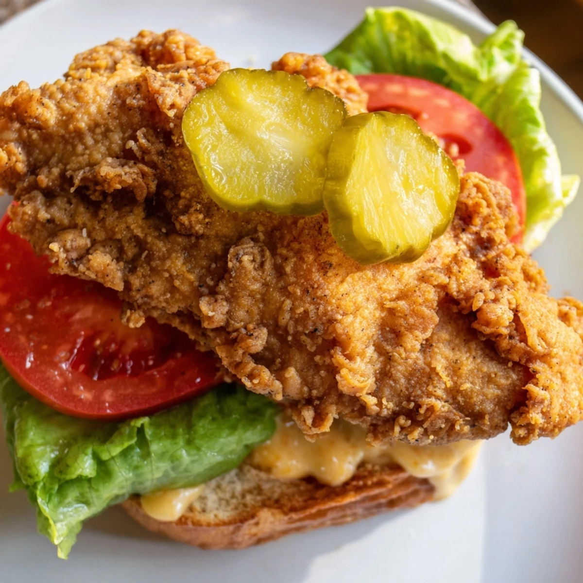 Homemade ultra crunchy fried chicken burger topped with spicy mayo and crisp vegetables