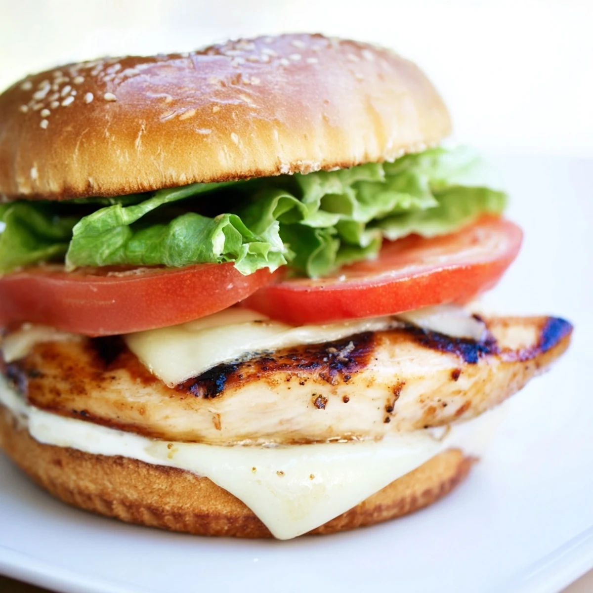 Homemade garlic chicken sandwich featuring grilled seasoned breast, melted provolone, fresh vegetables, and zesty garlic mayonnaise