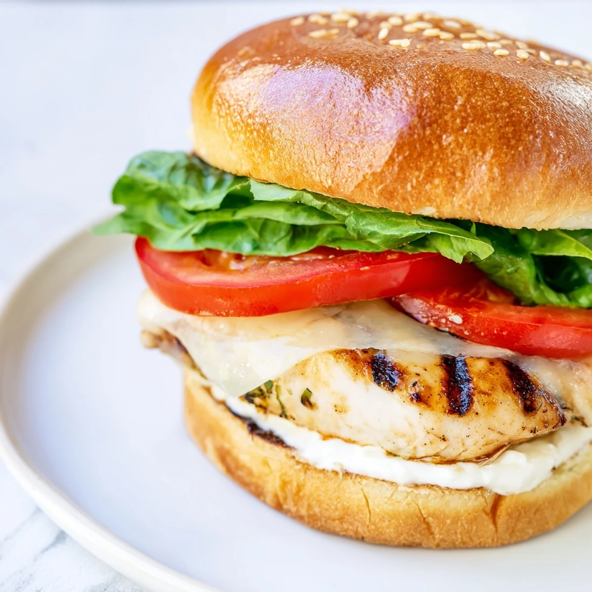 Golden garlic chicken sandwich stacked with crisp lettuce, juicy tomato slices, and creamy garlic mayo on toasted bun