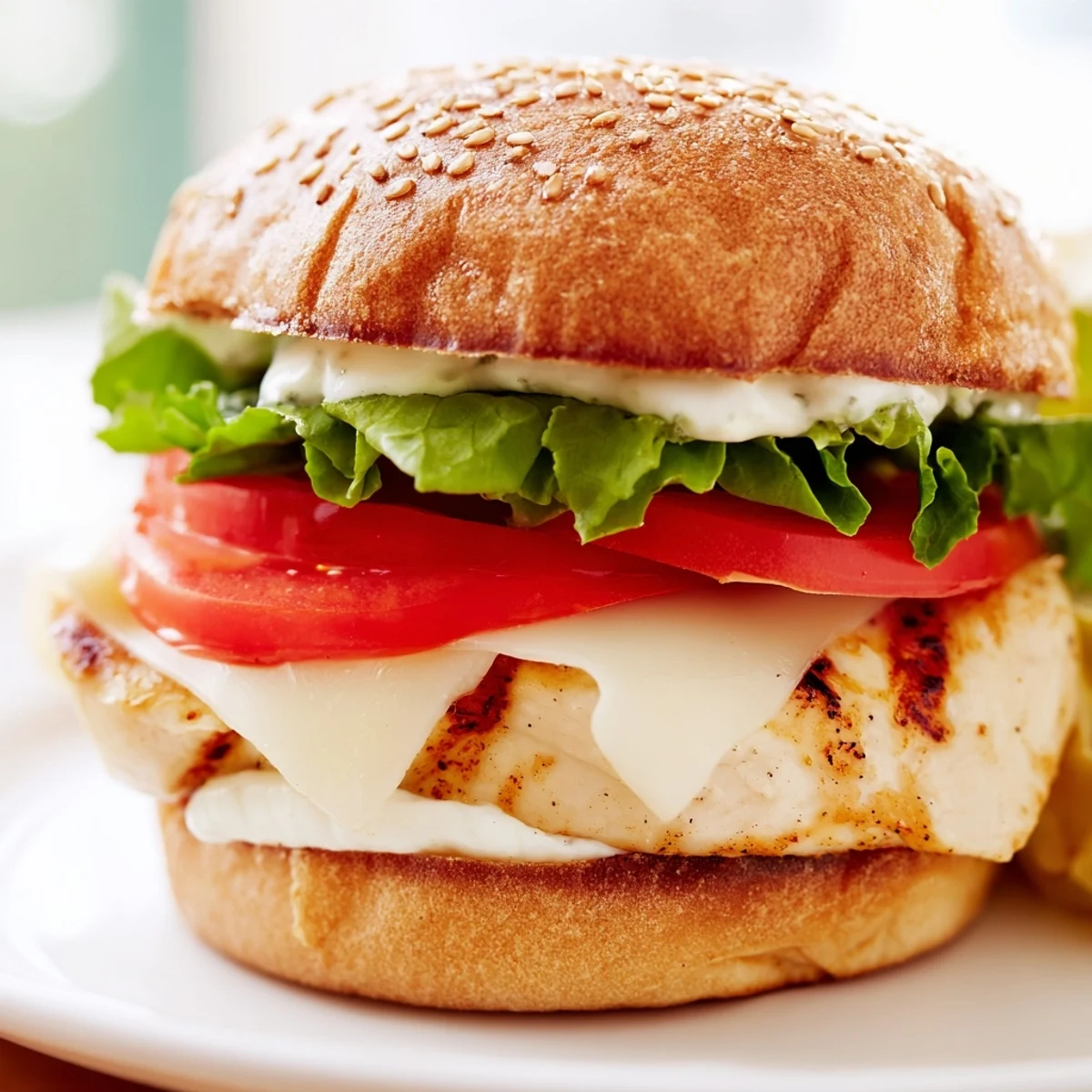 Toasted bun piled high with marinated garlic chicken, ripe tomatoes, crunchy lettuce, and tangy homemade garlic sauce