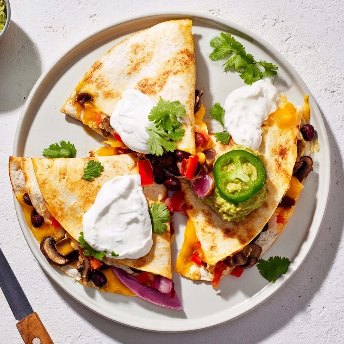 Golden brown quesadillas filled with melted cheddar and Monterey Jack cheese cut into wedges