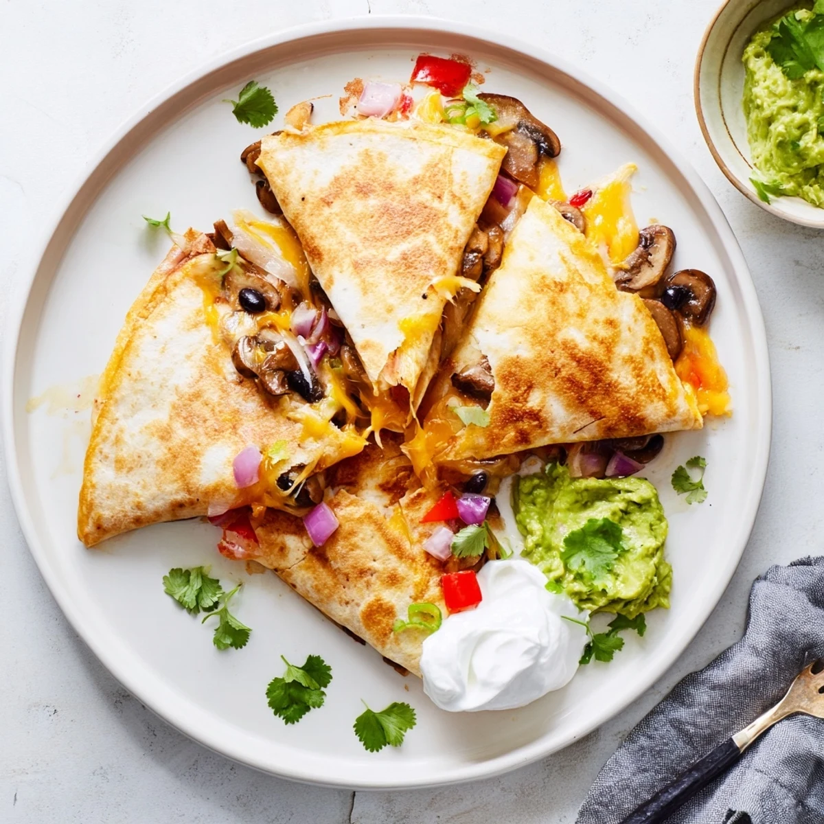 Crispy tortilla quesadillas stuffed with savory peppers, onions, and gooey shredded cheese on a wooden board