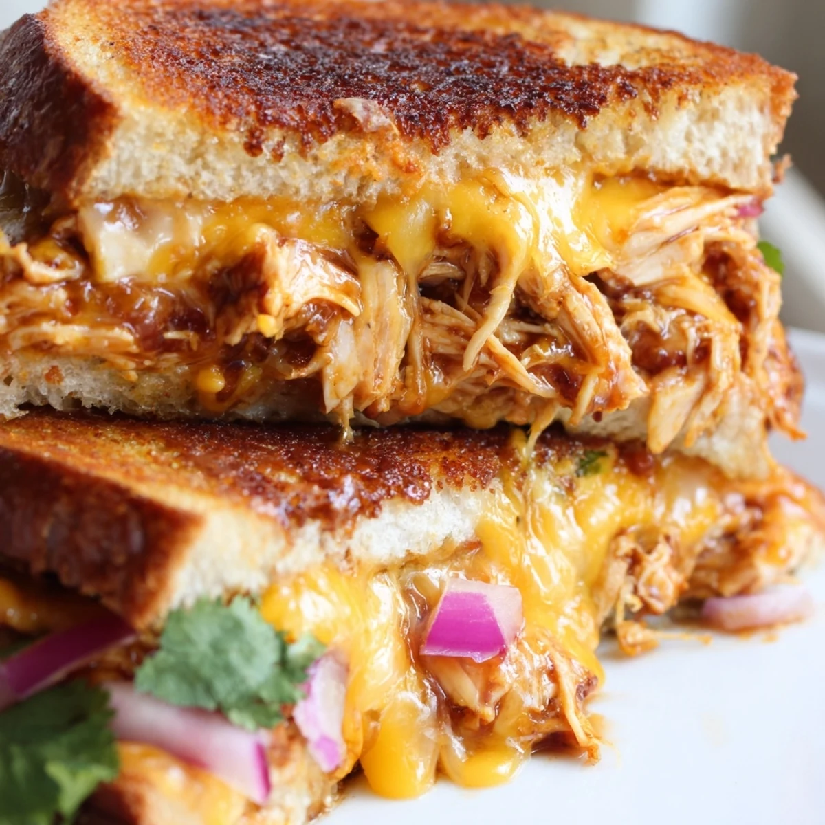 Golden BBQ chicken grilled cheese sandwich with melted cheddar and mozzarella on buttery sourdough bread