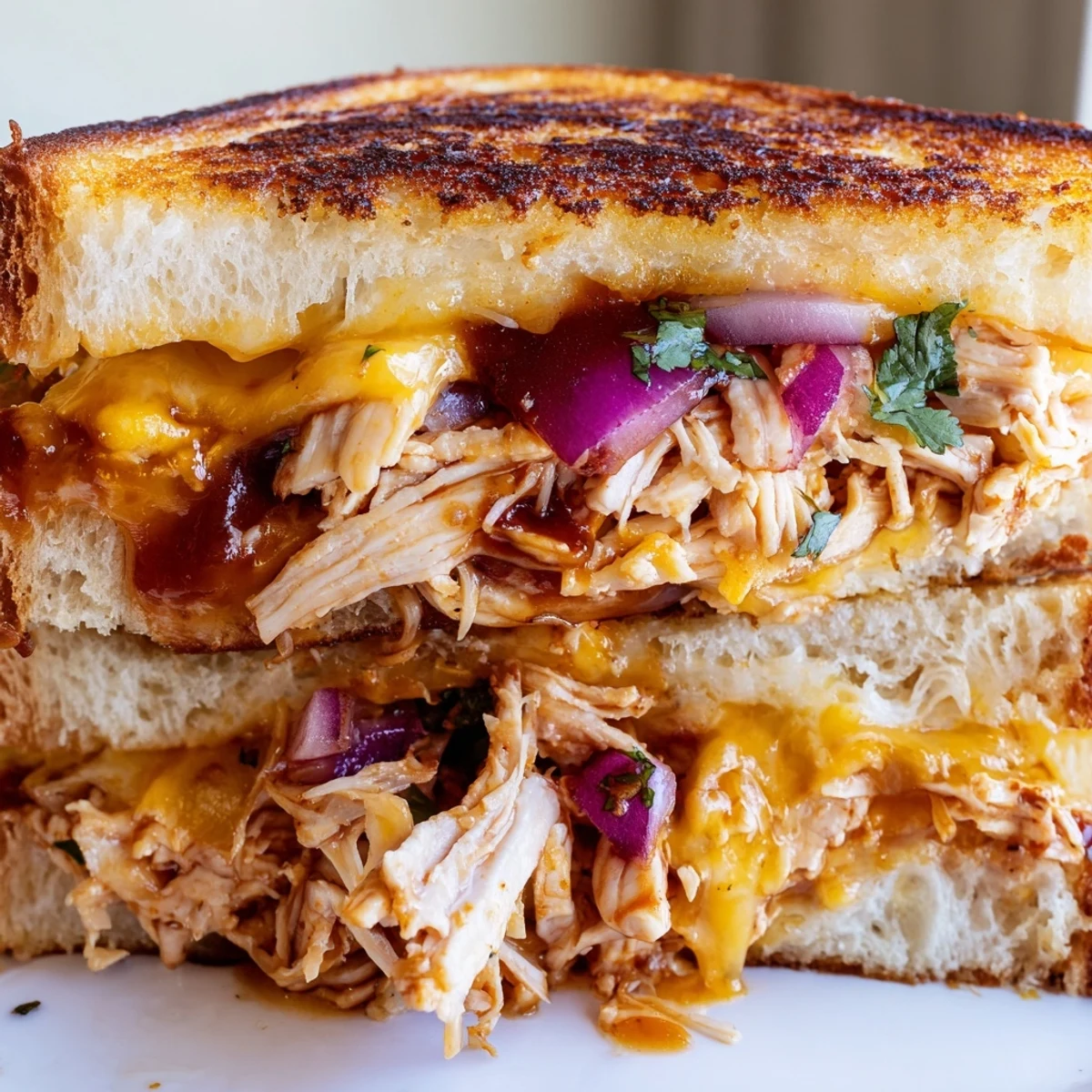 Savory BBQ chicken grilled cheese featuring shredded meat, gooey mixed cheese, and crisp golden toasted sourdough
