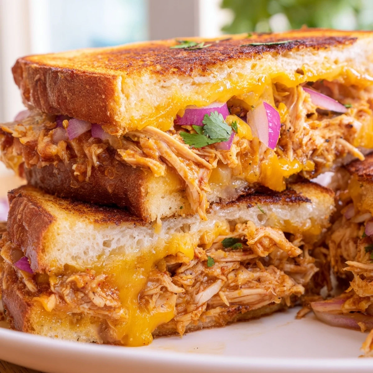 Sliced BBQ chicken grilled cheese sandwich oozing melted cheese between buttery golden-brown sourdough bread slices