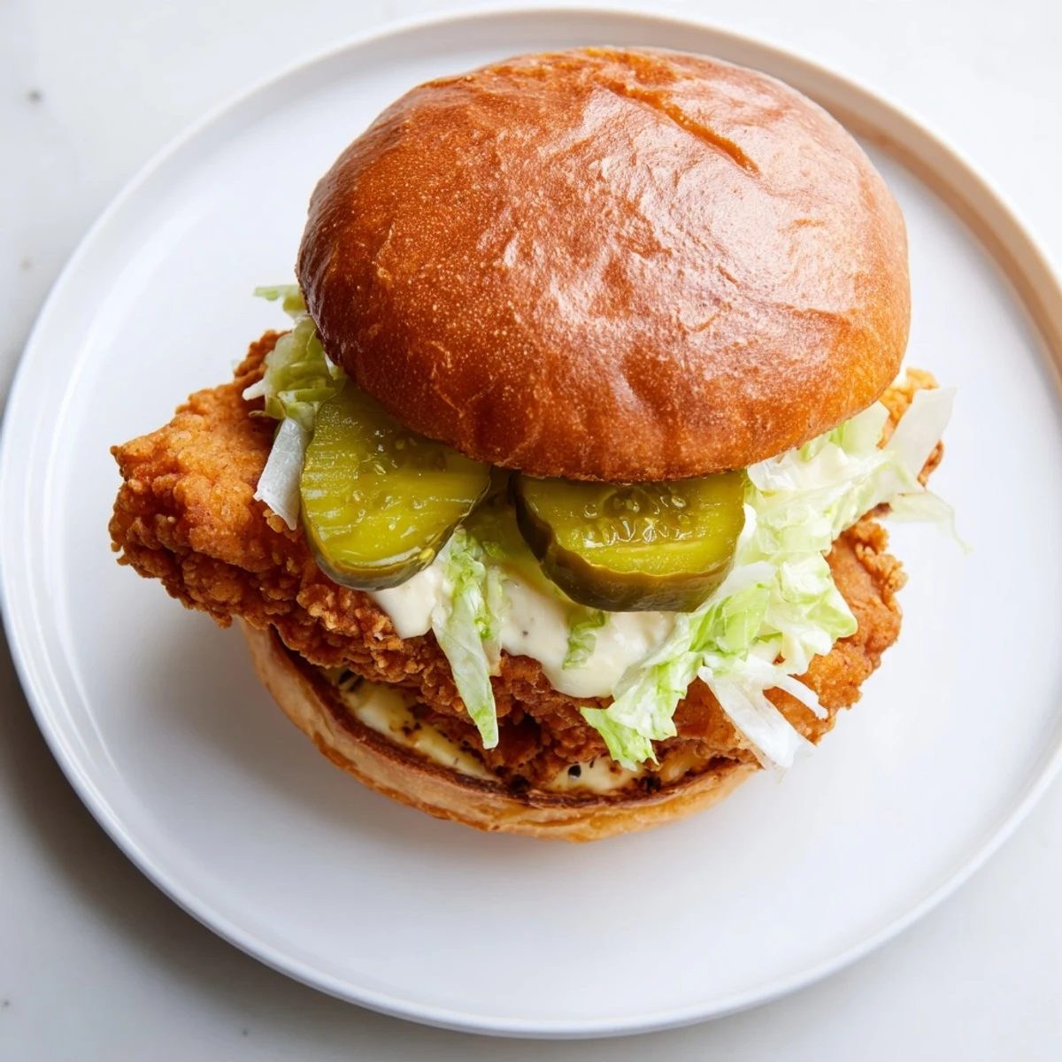 Mouthwatering crispy chicken burger featuring juicy breaded chicken breast with tangy sauce and crunchy vegetables