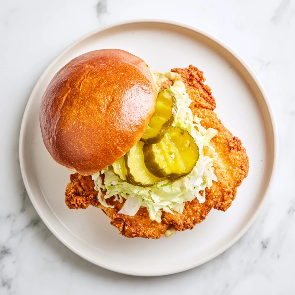 Homemade crispy chicken burger served on warm toasted bun with crisp lettuce and creamy dressing