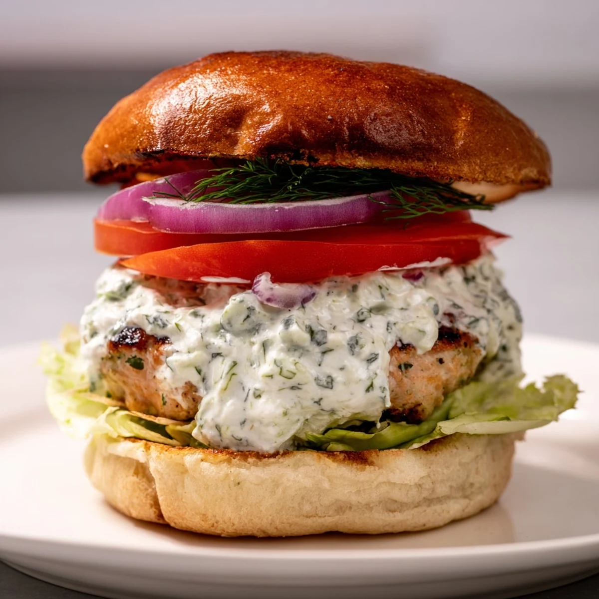 Golden grilled Greek chicken burgers topped with creamy homemade tzatziki sauce and fresh vegetables on toasted buns