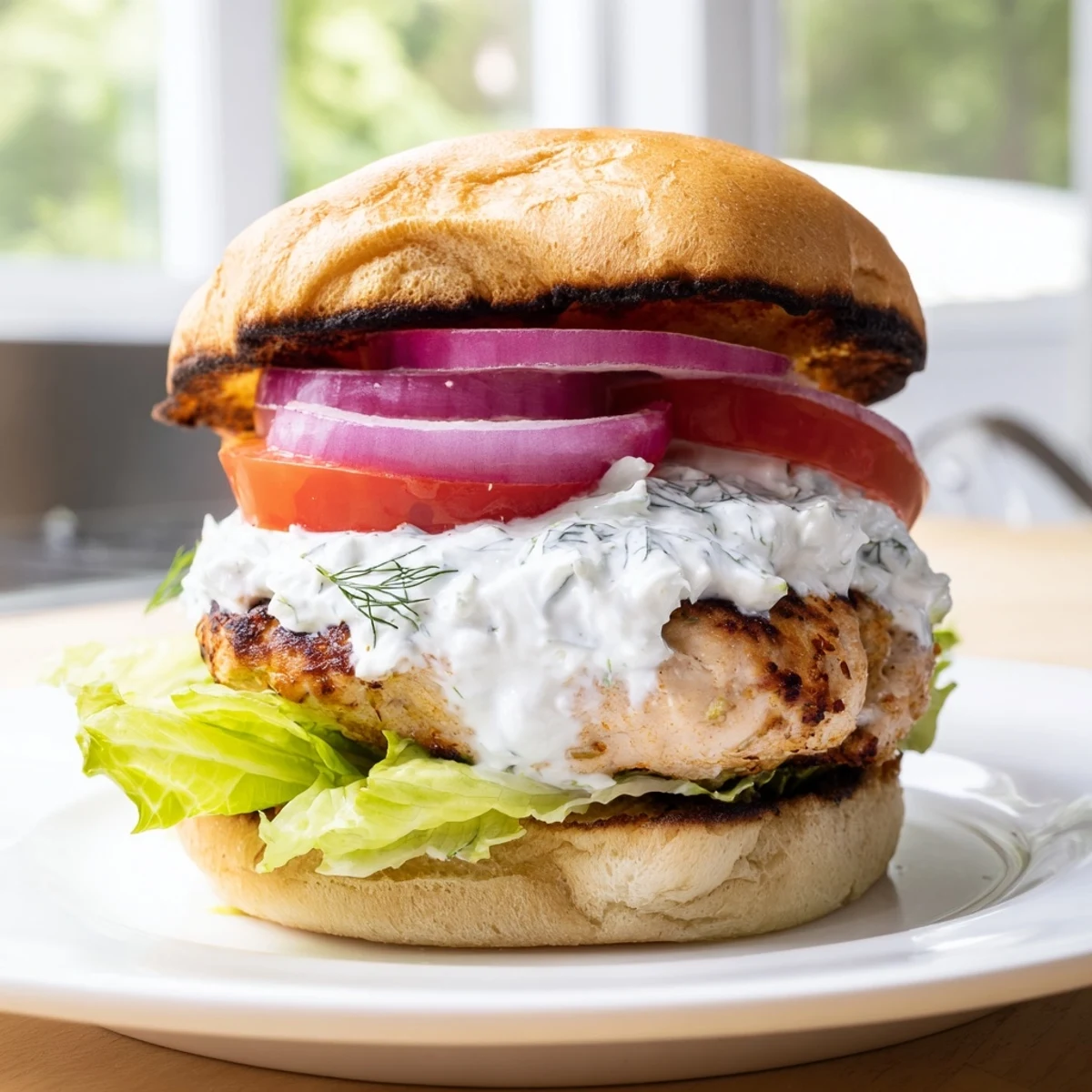 Juicy Mediterranean chicken patties seasoned with herbs and feta, stacked crisp lettuce tomato onion and tangy yogurt sauce